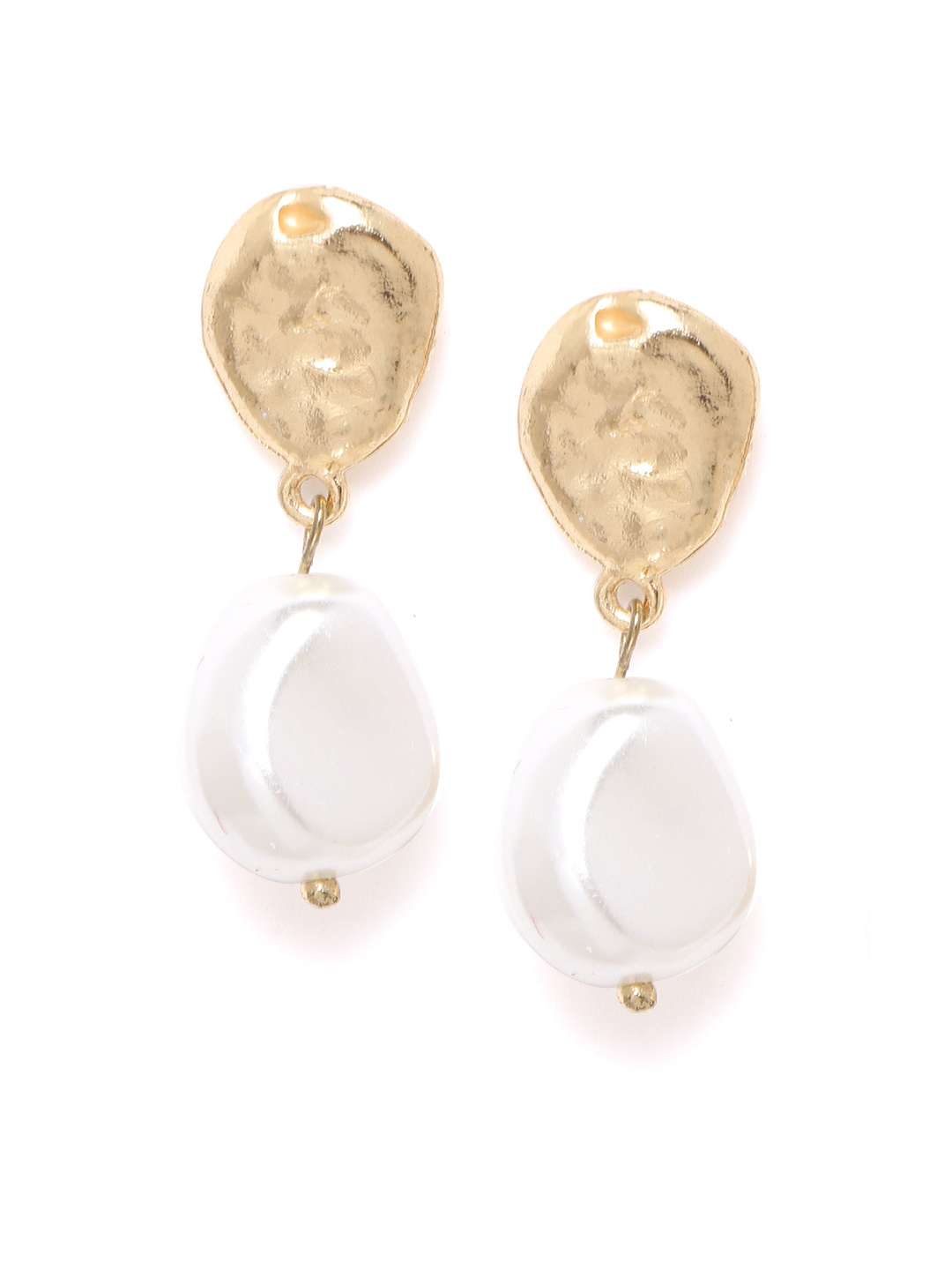 

DressBerry Gold-Toned & Off-White Beaded Hammered Contemporary Drop Earrings