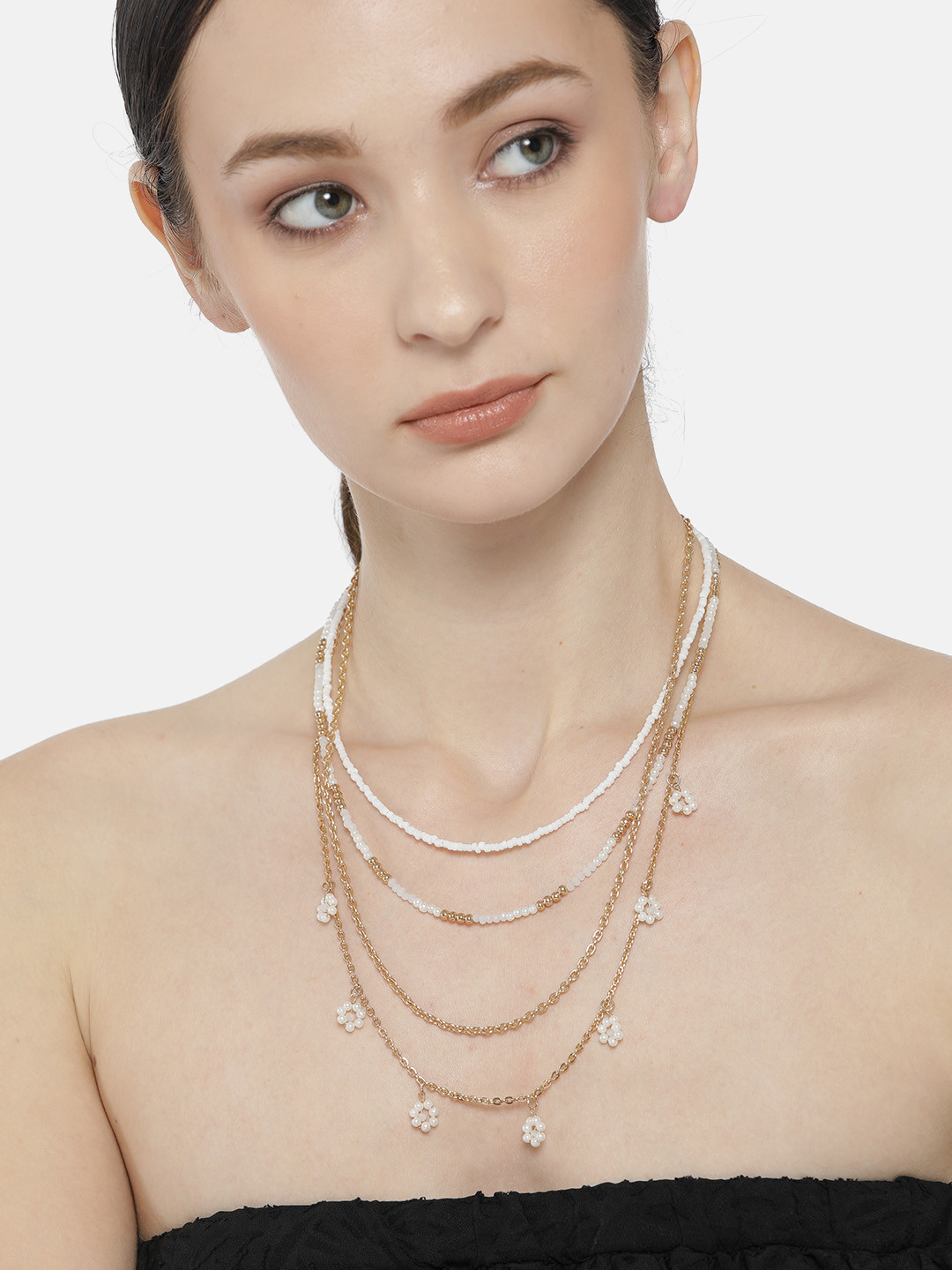 

DressBerry Set of 4 Gold-Toned & White Beaded Handcrafted Necklaces