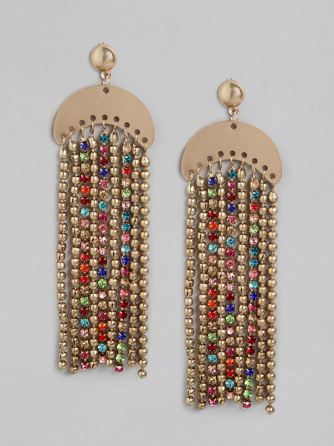 

DressBerry Gold-Toned Stone Studded Tasselled Contemporary Drop Earrings