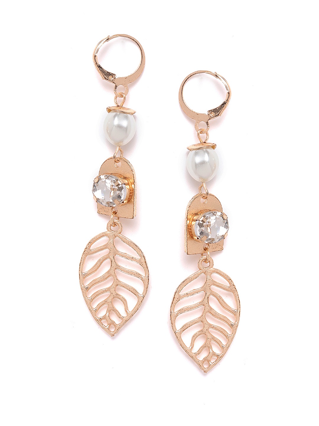 

DressBerry Gold-Toned & Off-White Beaded Stone-Studded Leaf Shaped Drop Earrings