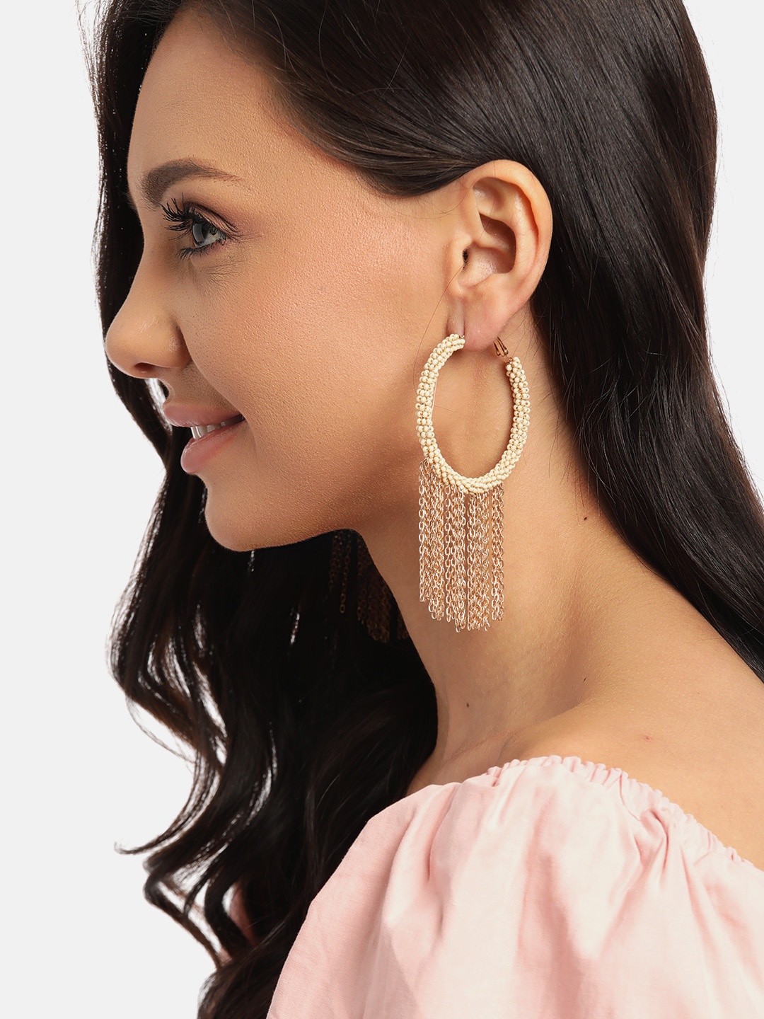 

DressBerry Gold-Toned & Off-White Beaded Tasselled Circular Hoop Earrings