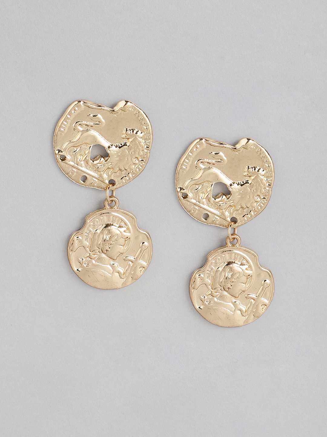 

DressBerry Gold-Plated Textured Circular Coin Drop Earrings