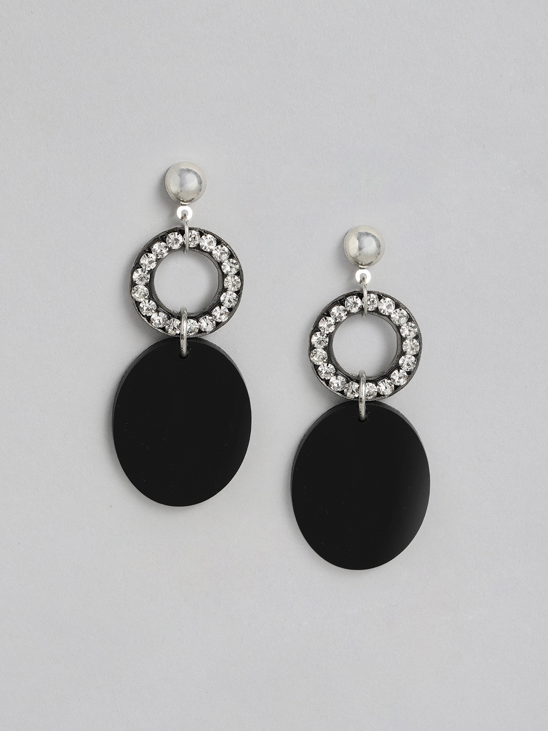 

DressBerry Black & Silver-Toned Studded Oval Drop Earrings