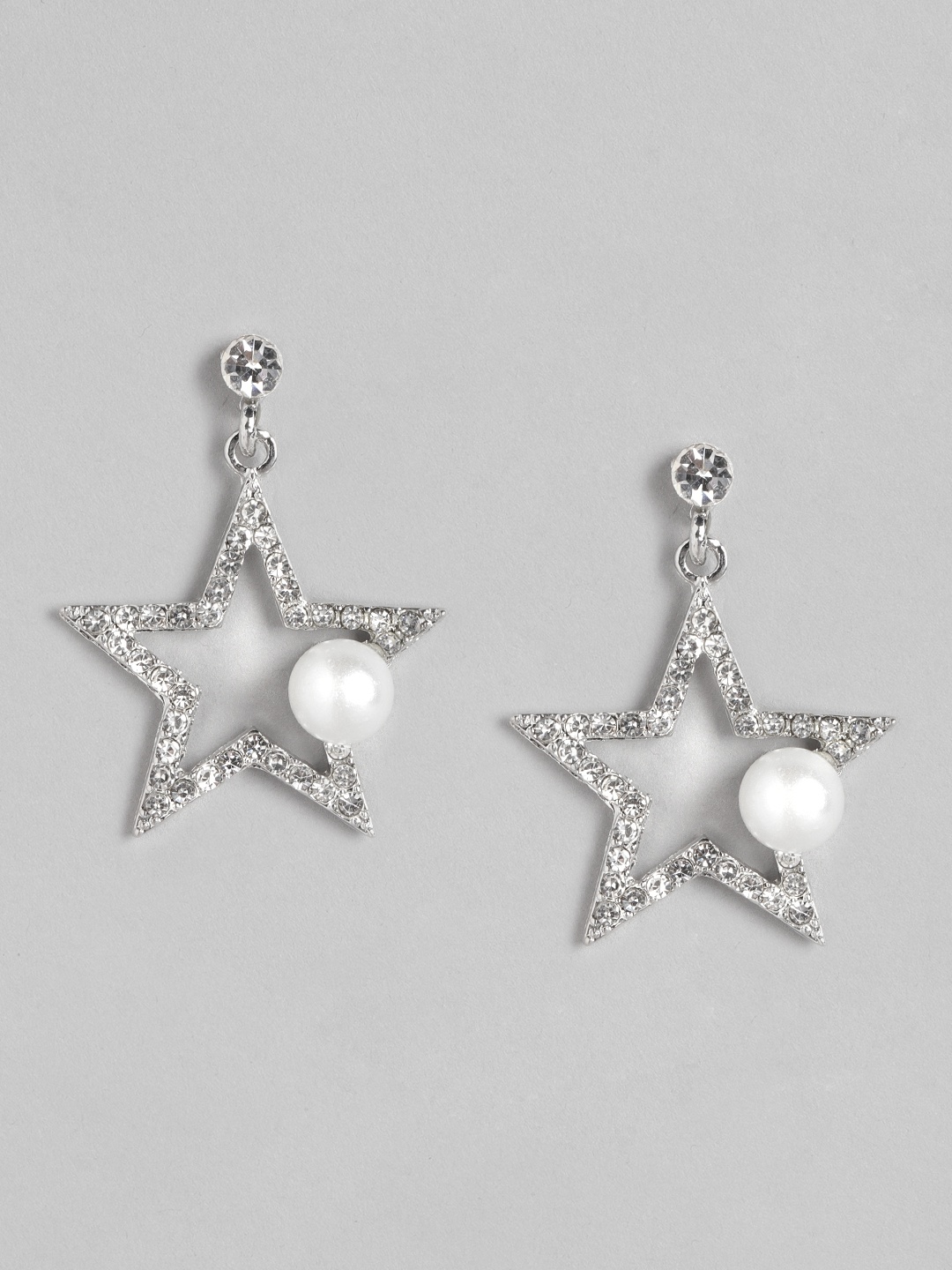 

DressBerry Silver-Toned & White Stone-Studded & Beaded Star Shaped Drop Earrings