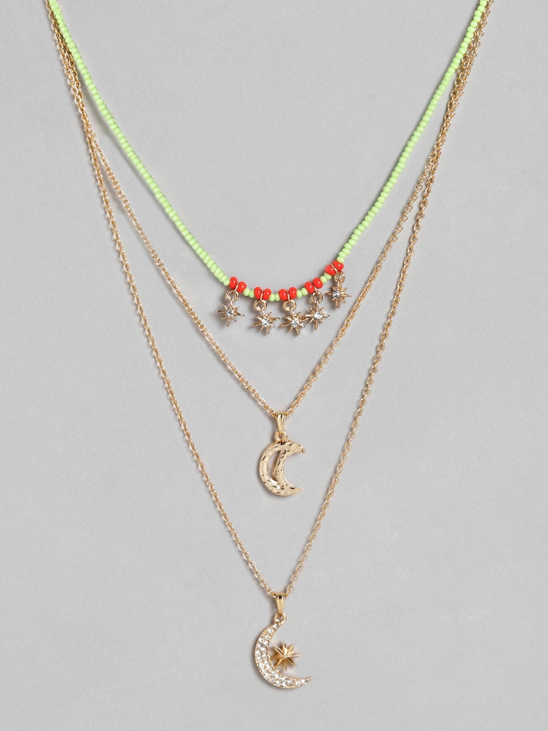 

DressBerry Gold-Toned & Green Studded & Beaded Crescent & Stars Shaped Layered Necklace