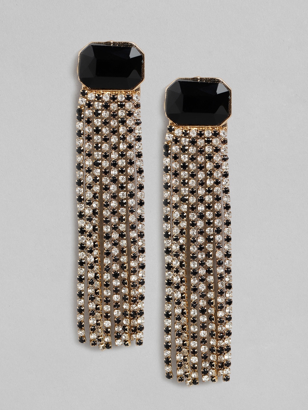 

DressBerry Gold-Toned & Black Stone-Studded Beaded Tasselled Contemporary Drop Earrings