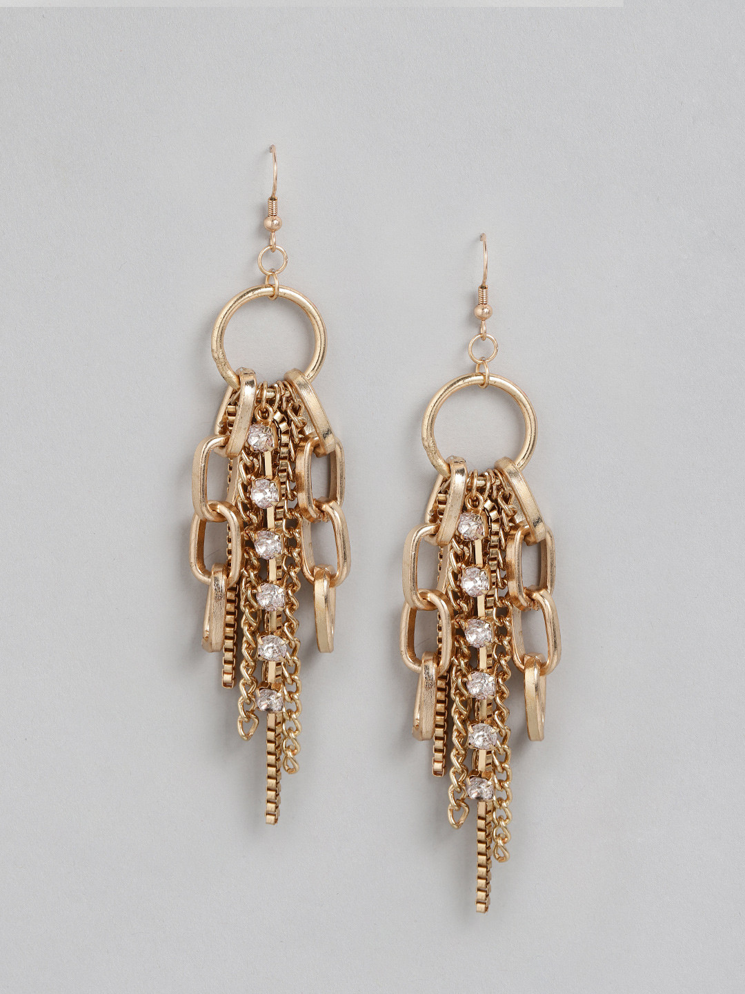 

DressBerry Gold-Toned Stone-Studded Chain Detail Contemporary Drop Earrings