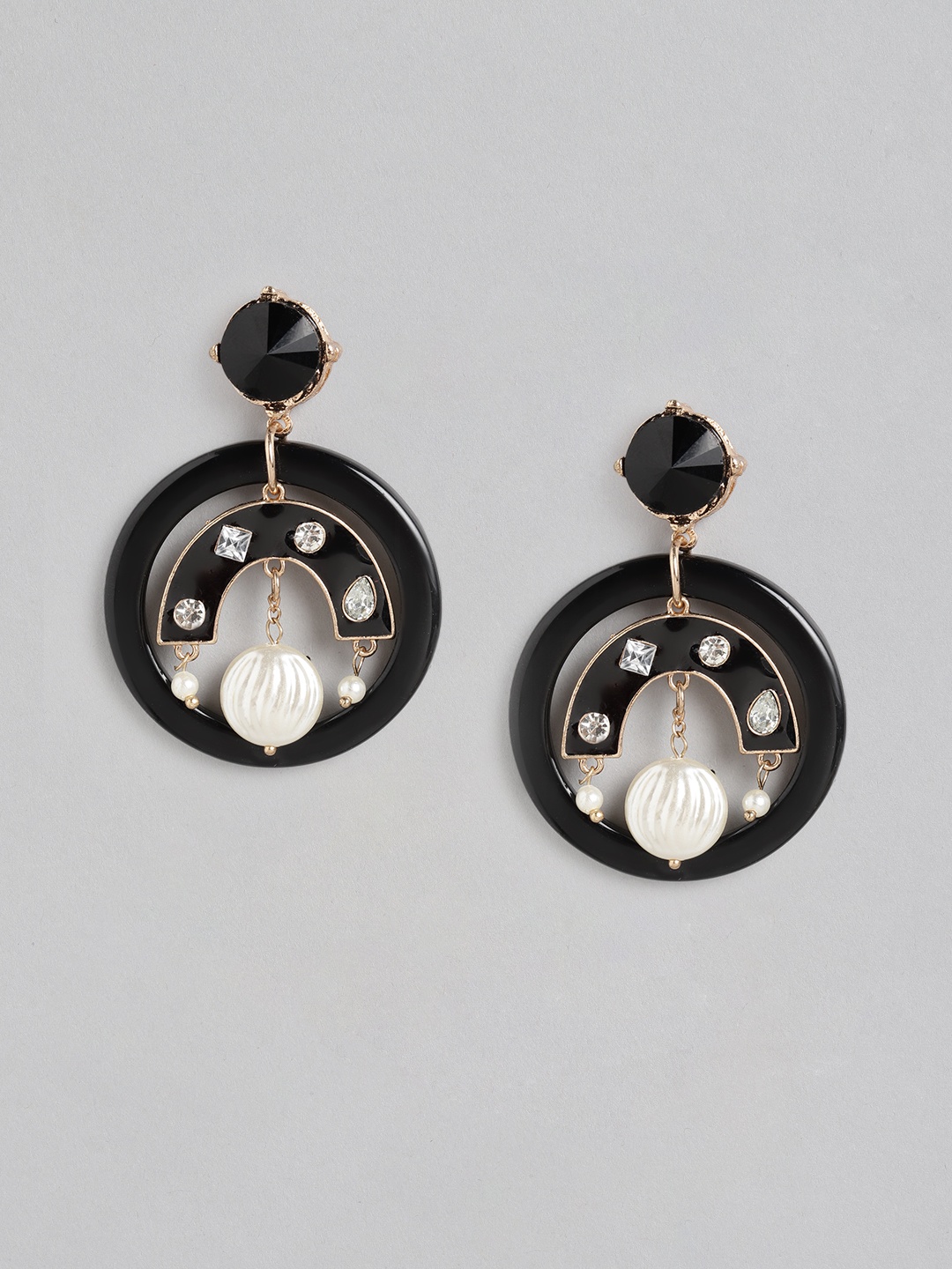 

DressBerry Black & White Stone-Studded & Beaded Circular Drop Earrings