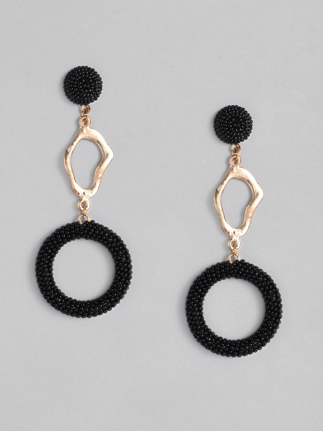 

DressBerry Gold-Toned & Black Beaded Circular Drop Earrings
