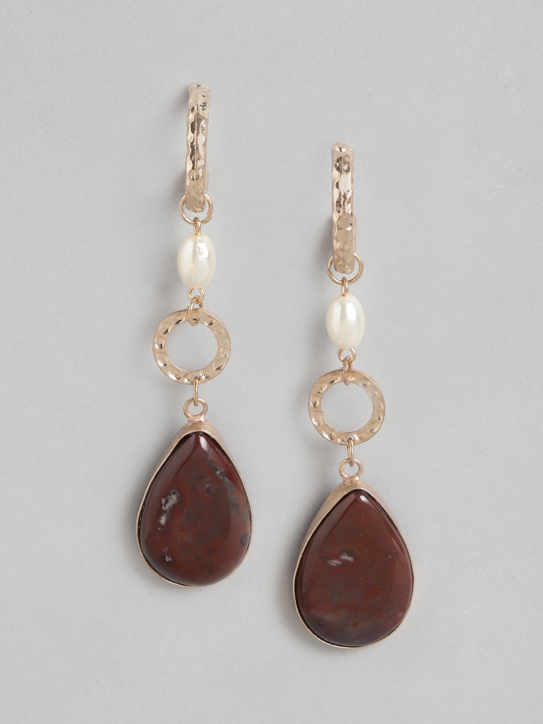 

DressBerry Brown & Gold-Toned Stone Studded & Beaded Tear Drop Shaped Drop Earrings