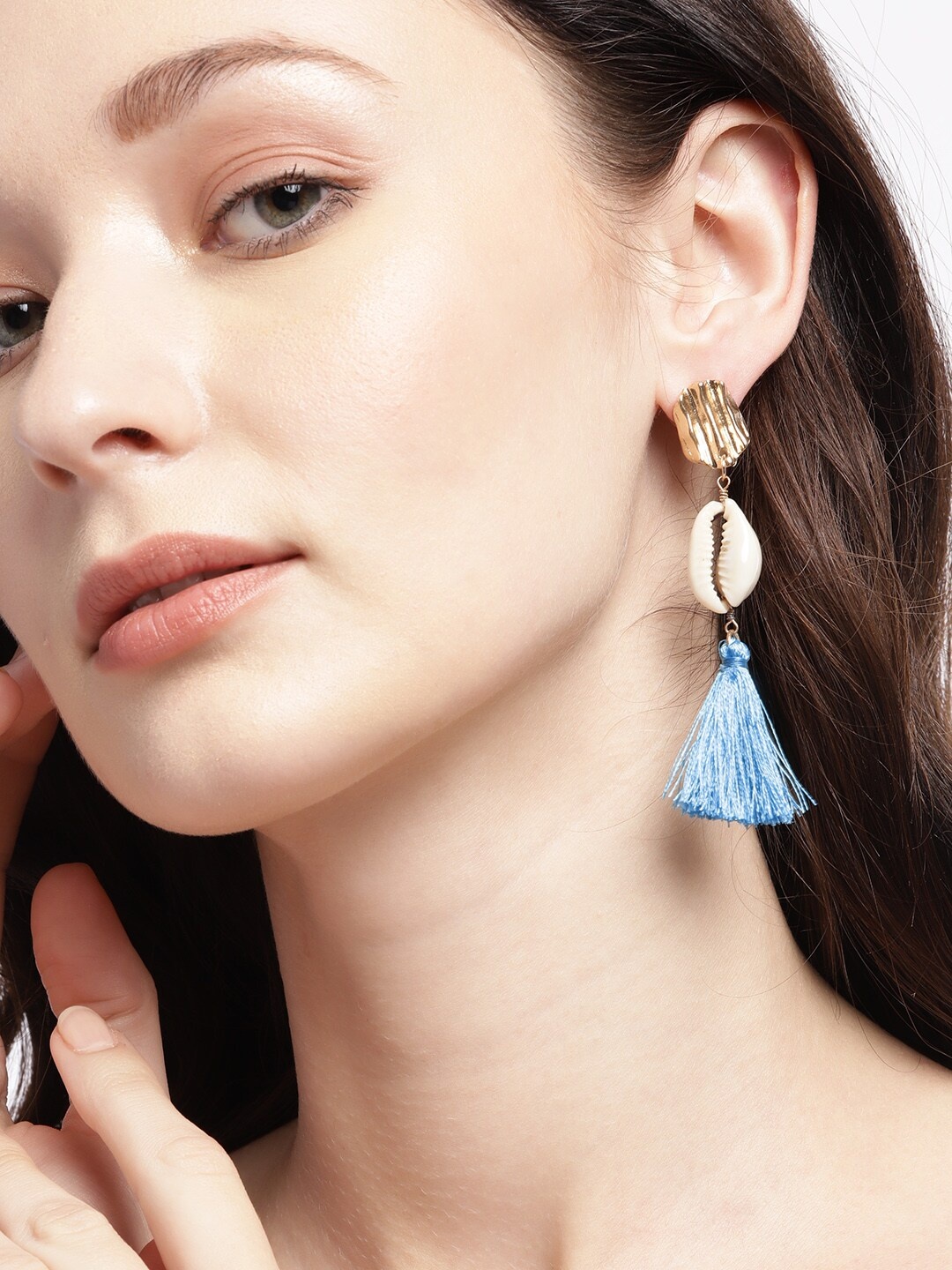 

DressBerry Gold-Toned & Blue Cowry Detail Tasselled Drop Earrings