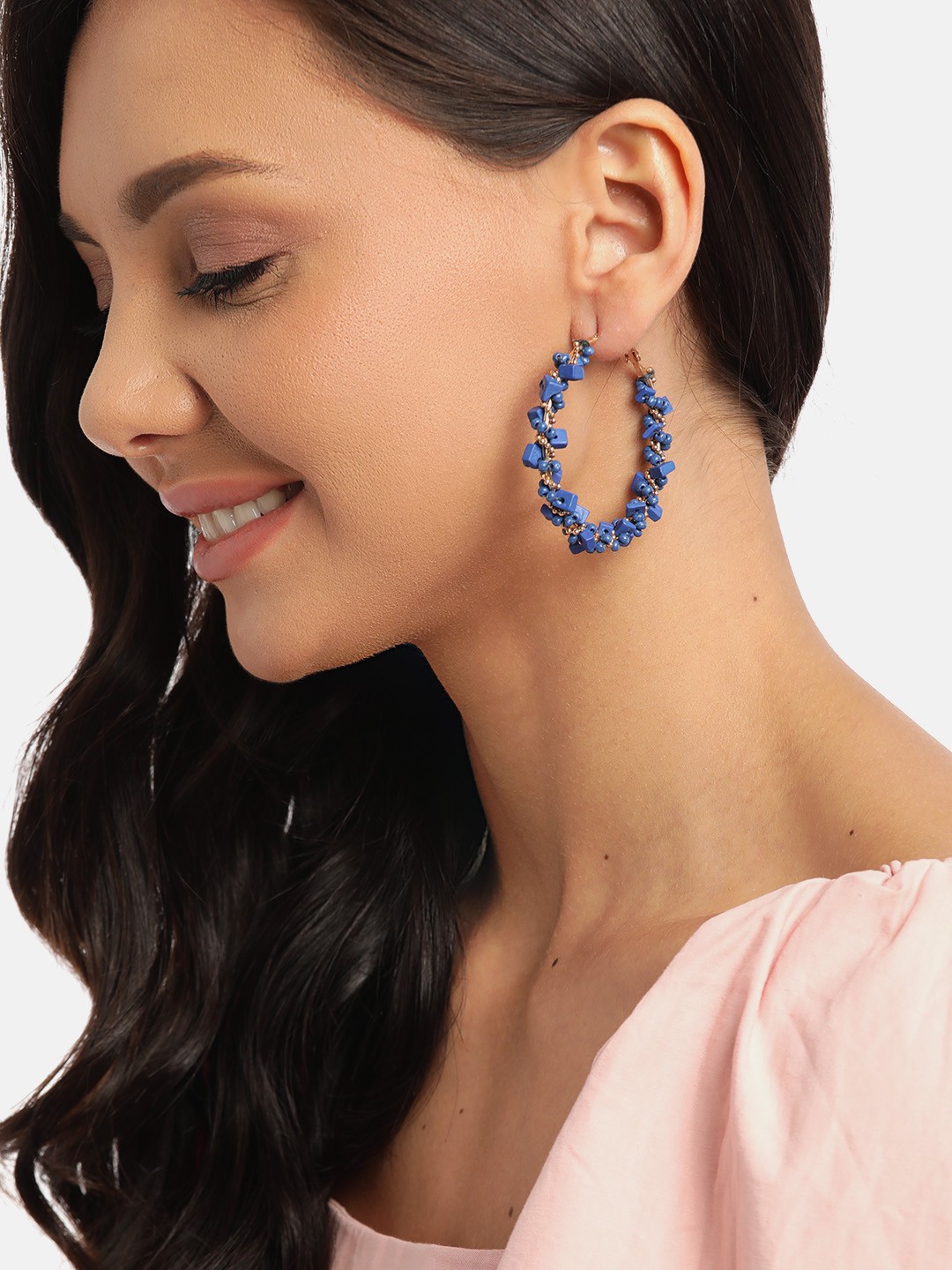 

DressBerry Blue & Gold-Toned Circular Beaded Hoop Earrings
