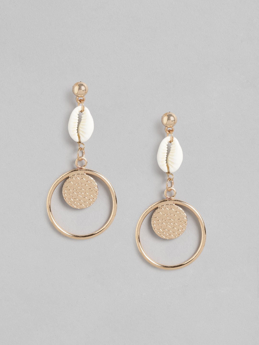 

DressBerry Gold-Toned & Off-White Circular Drop Earrings with Cowry Detail