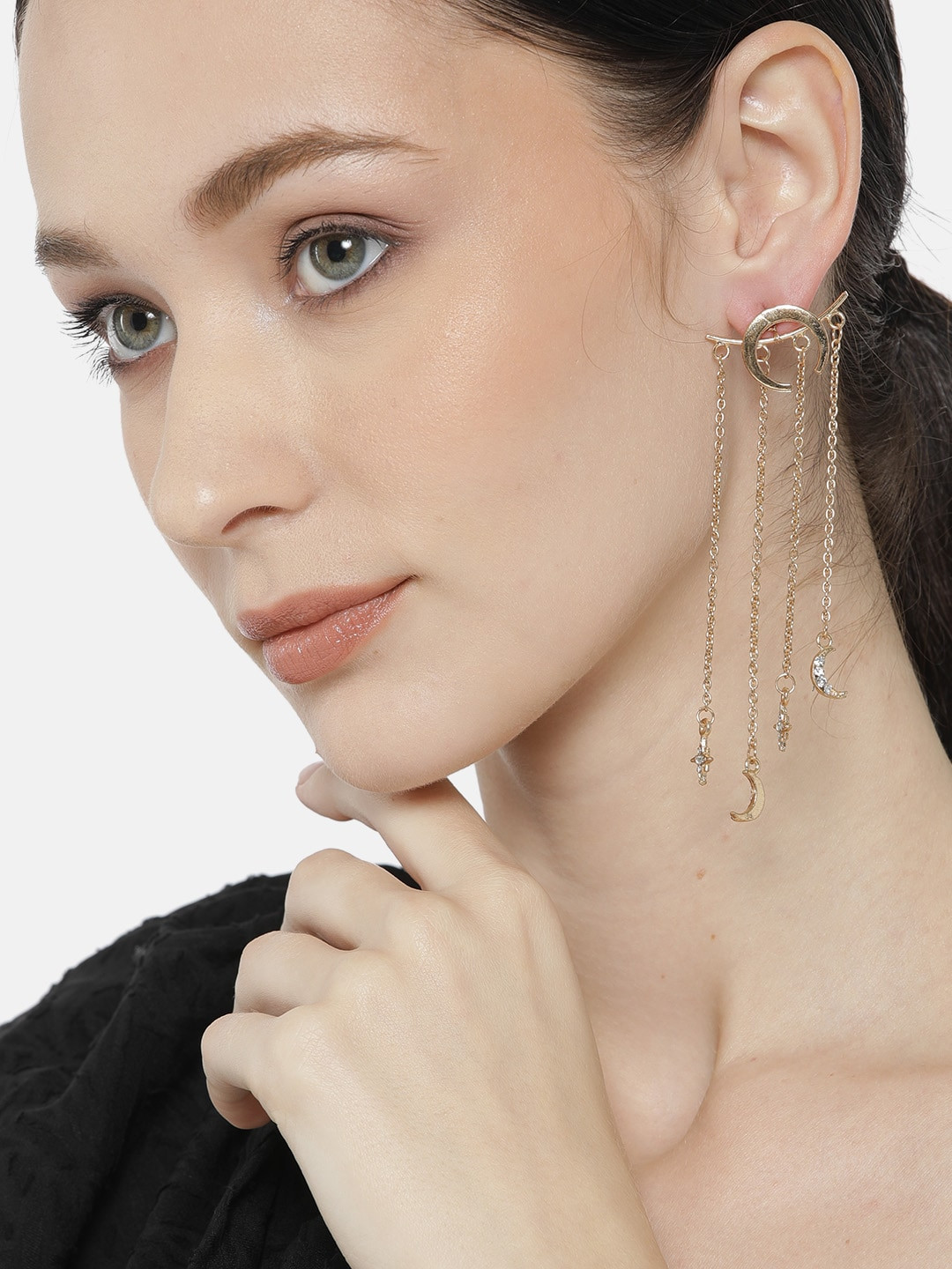 

DressBerry Gold-Toned Stone-Studded Dangling Moon & Star Drop Jacket Earrings