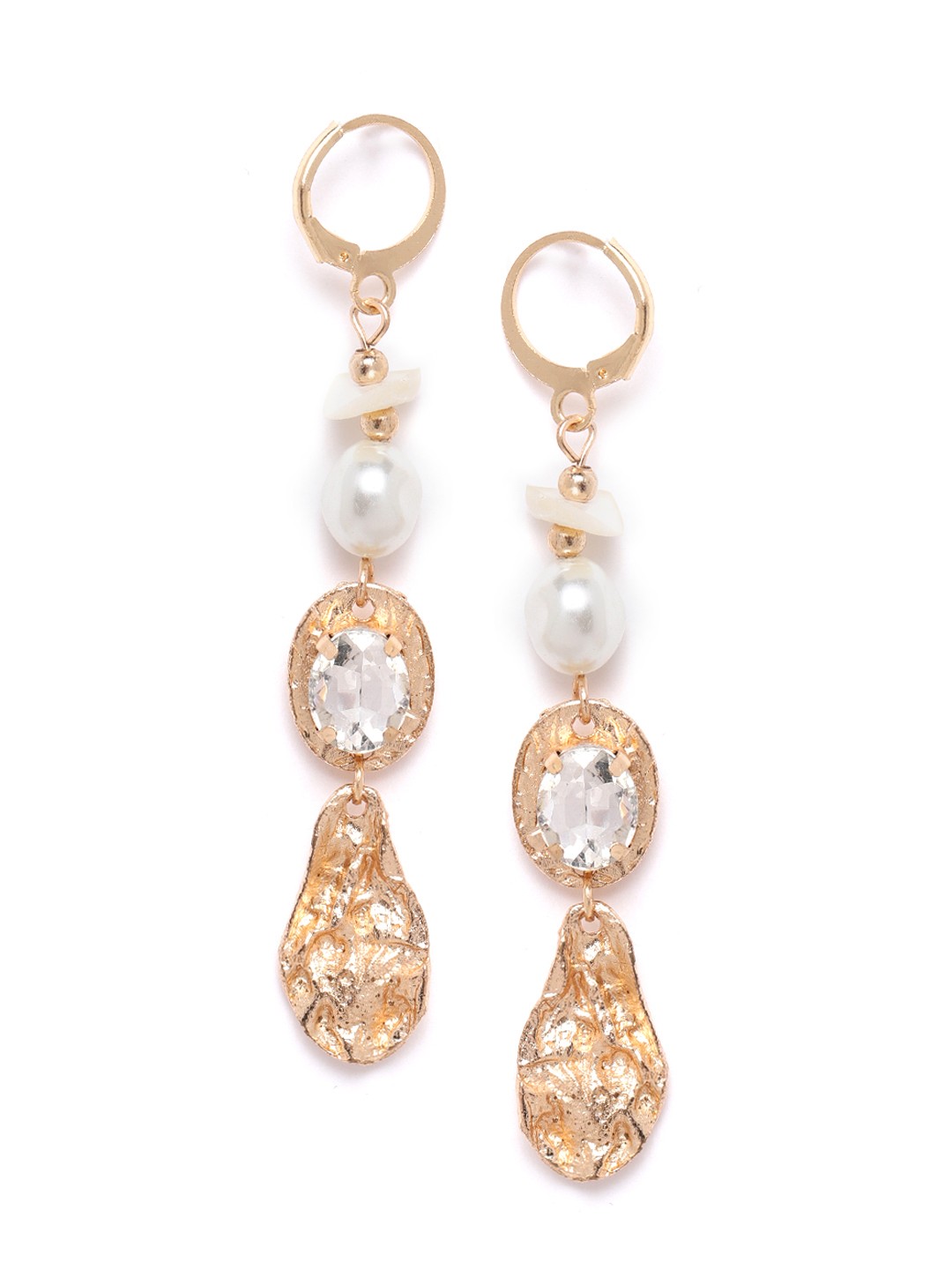 

DressBerry Gold-Toned & White Stone-Studded & Beaded Contemporary Drop Earrings