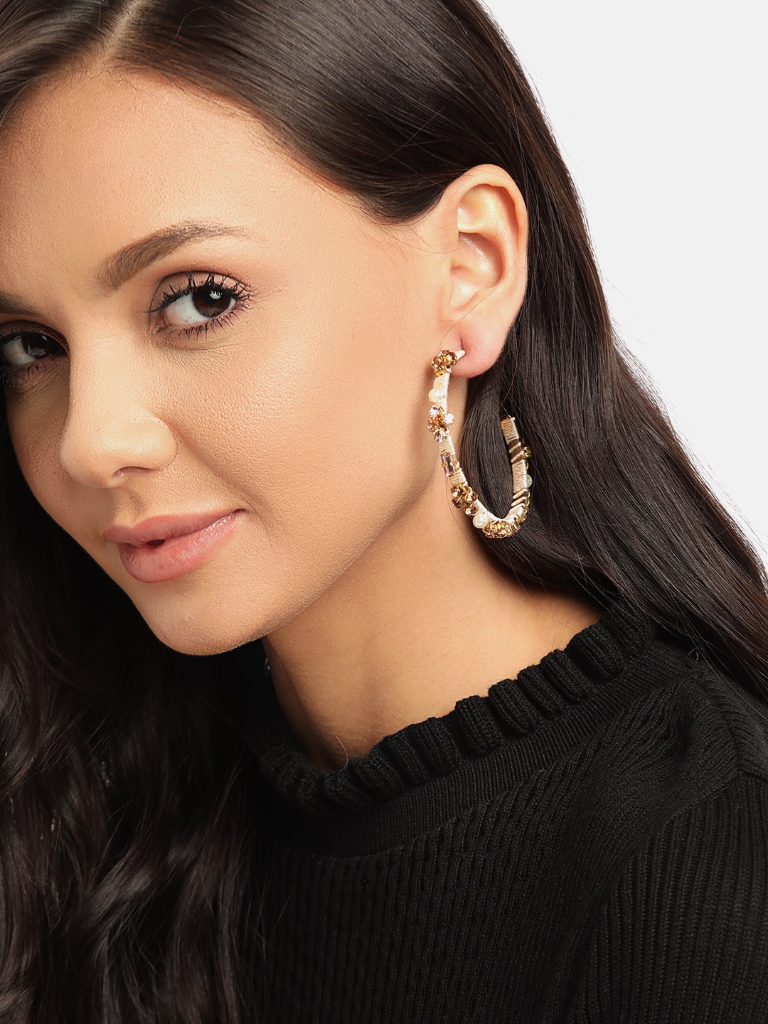 

DressBerry Gold & Off White Stone Studded & Beaded Contemporary Half Hoop Earrings
