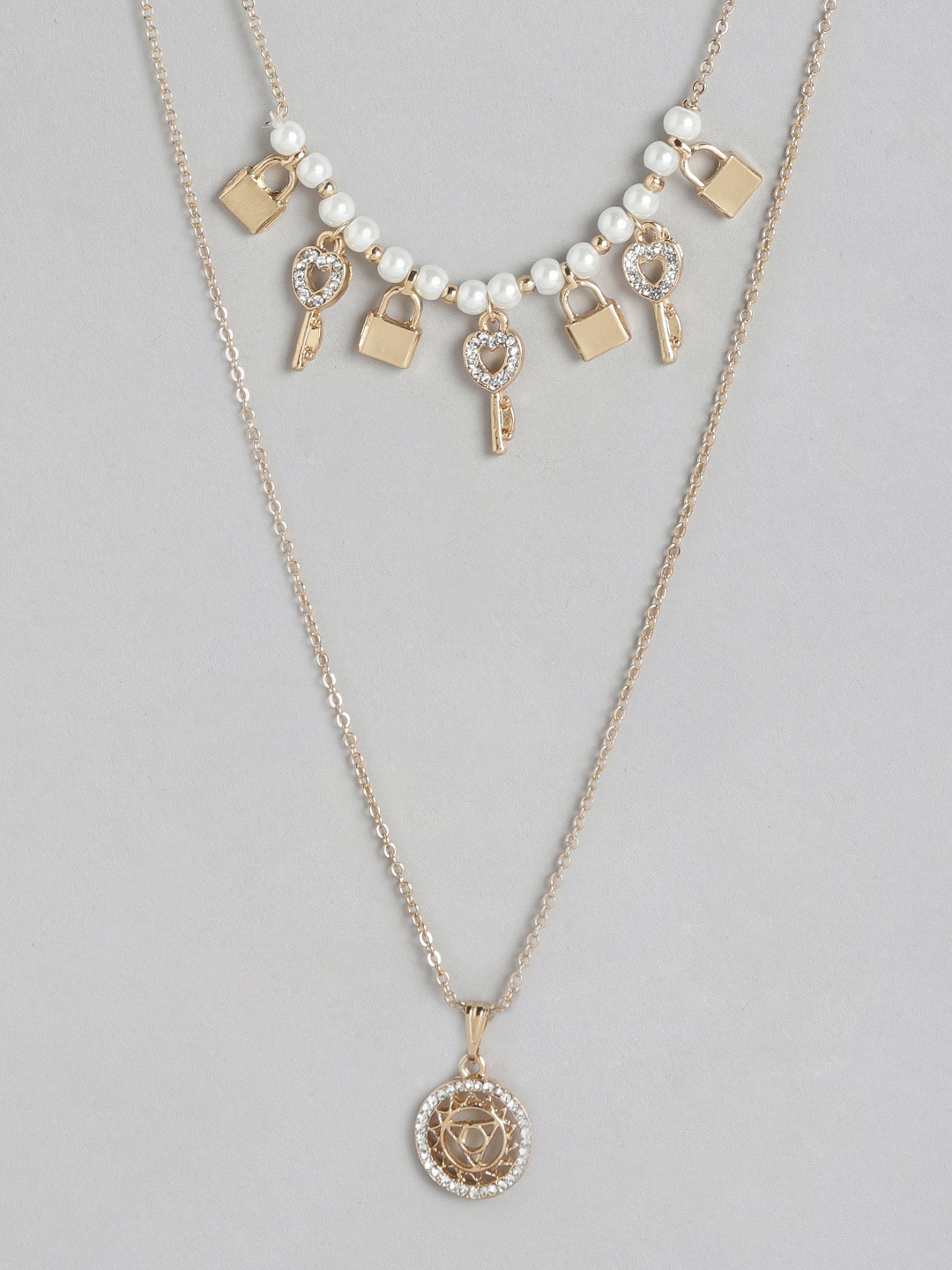 

DressBerry Gold-Toned & Off-White Stone-Studded Beaded Layered Necklace