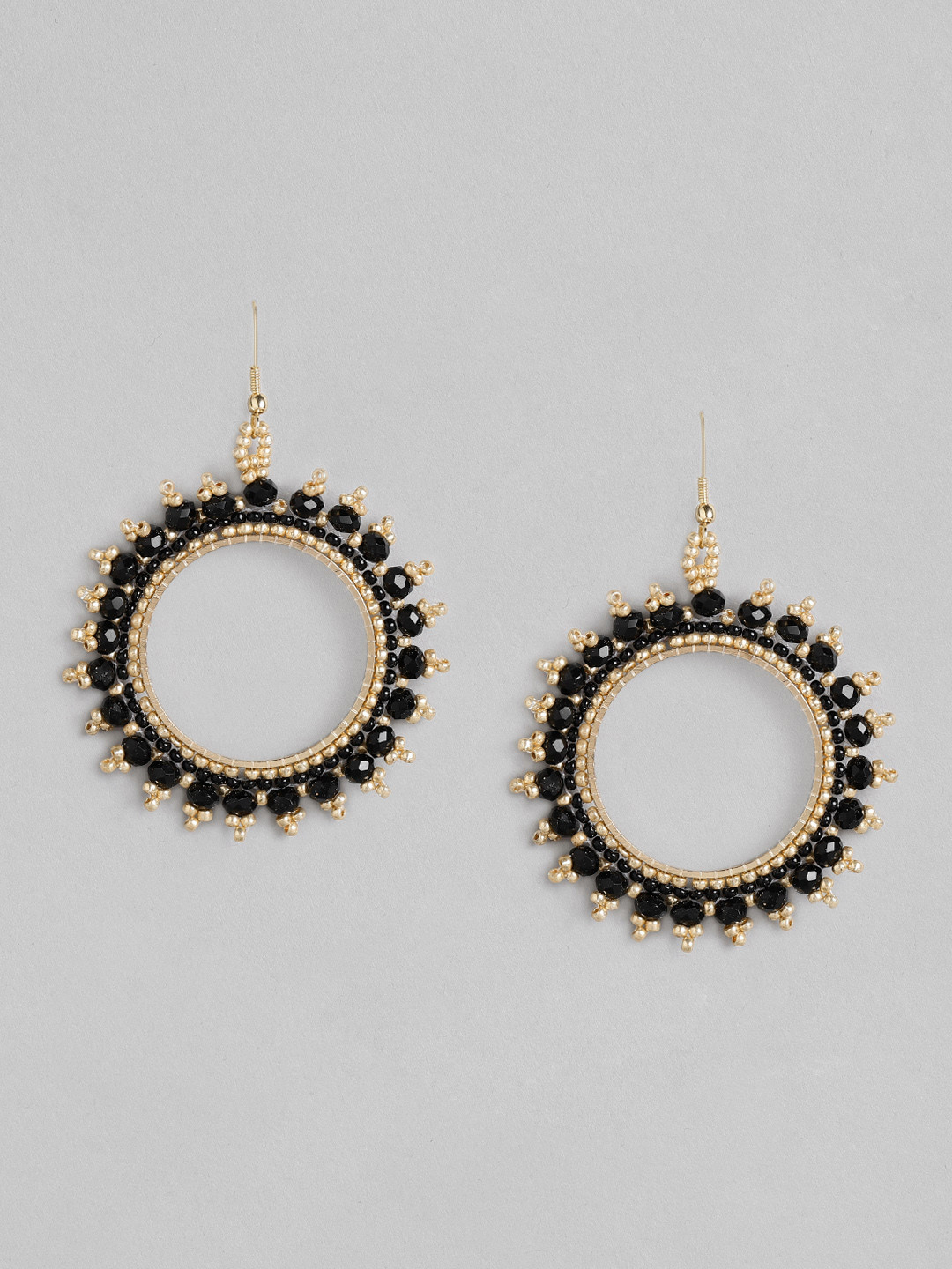 

DressBerry Black Gold-Plated Beaded Circular Drop Earrings