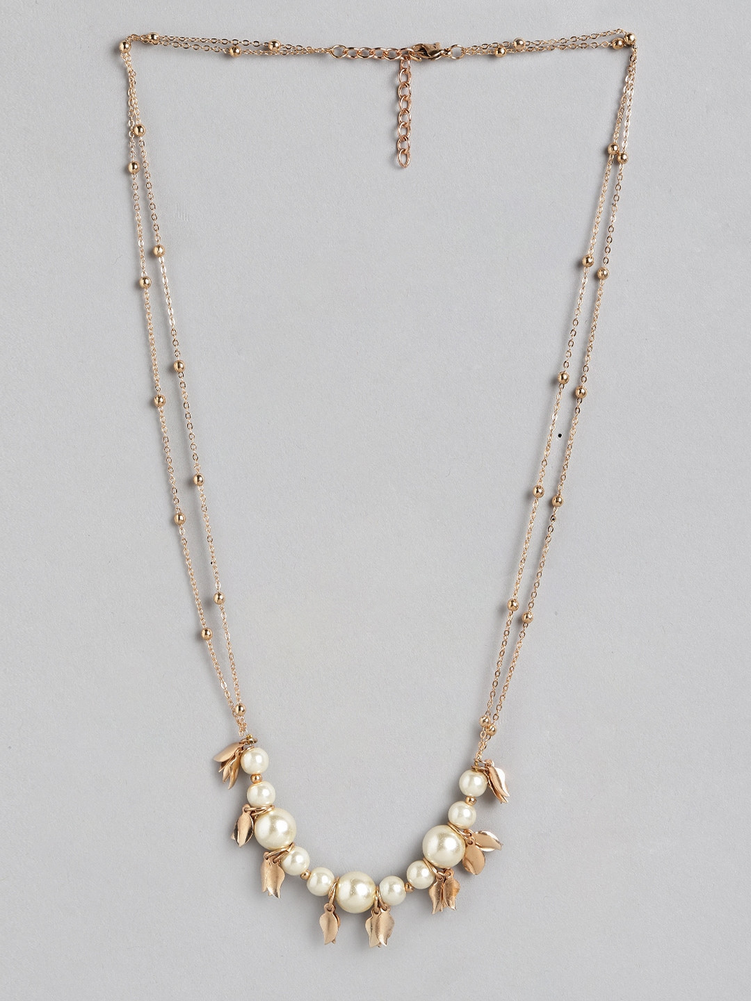 

DressBerry Gold-Toned & Off-White Beaded Leaf Charm Dual Stranded Necklace