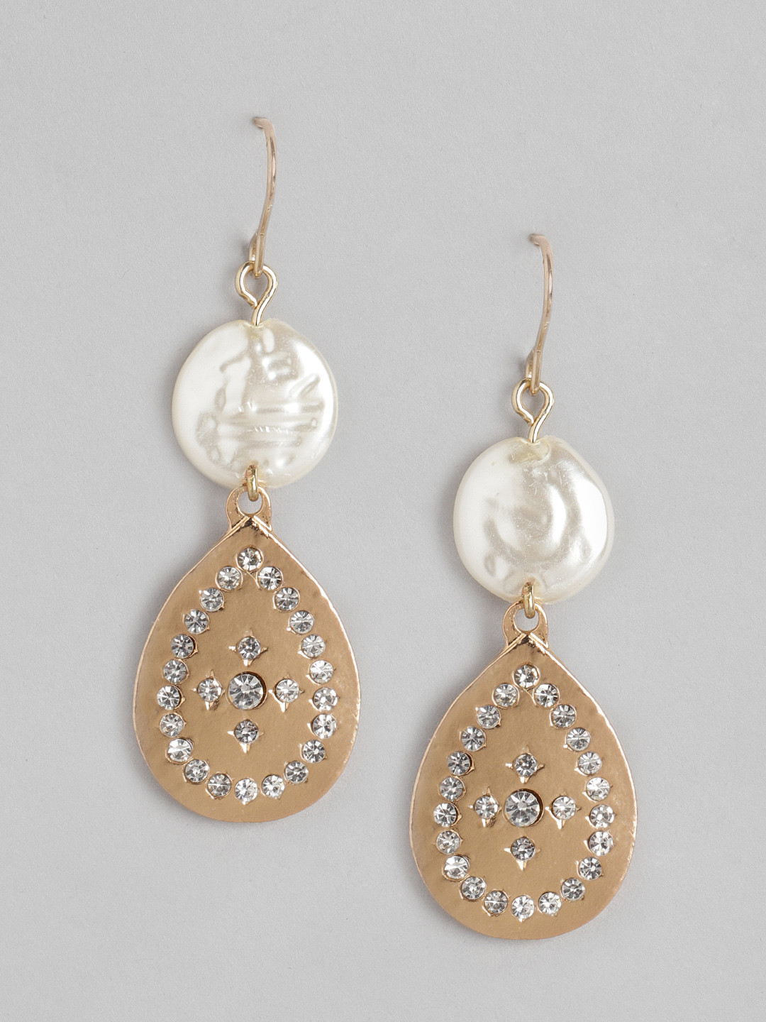 

DressBerry Gold-Toned & Off-White Studded Teardrop Shaped Drop Earrings