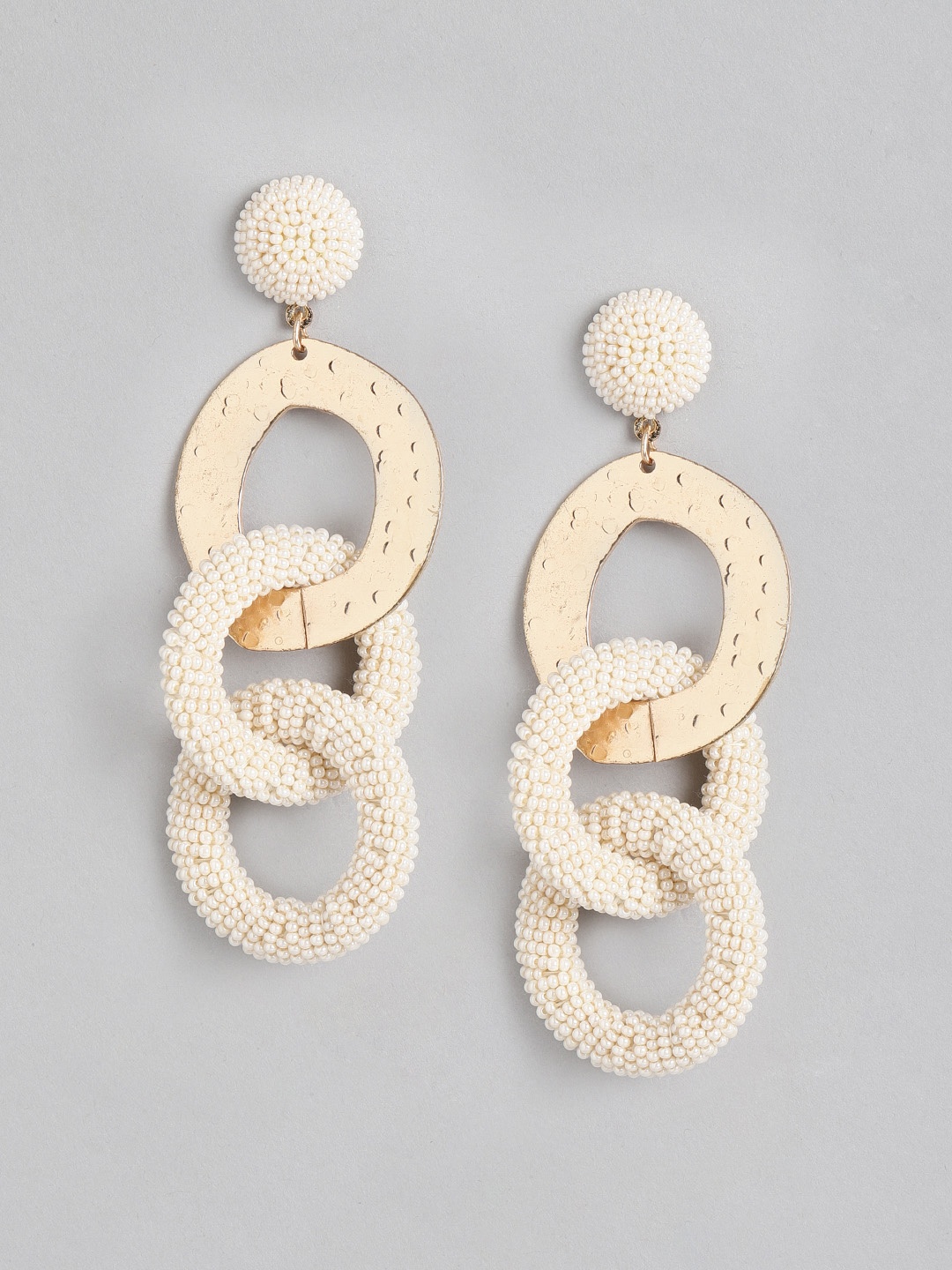 

DressBerry Off White Gold-Plated Beaded & Hammered Circular Drop Earrings