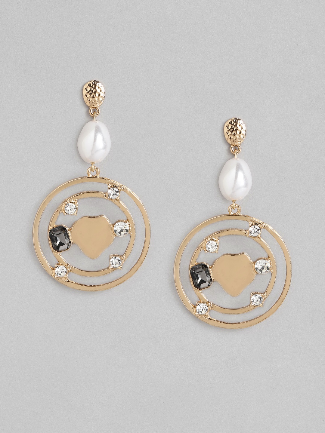 

DressBerry White Rose Gold-Plated Stone Studded & Beaded Circular Drop Earrings
