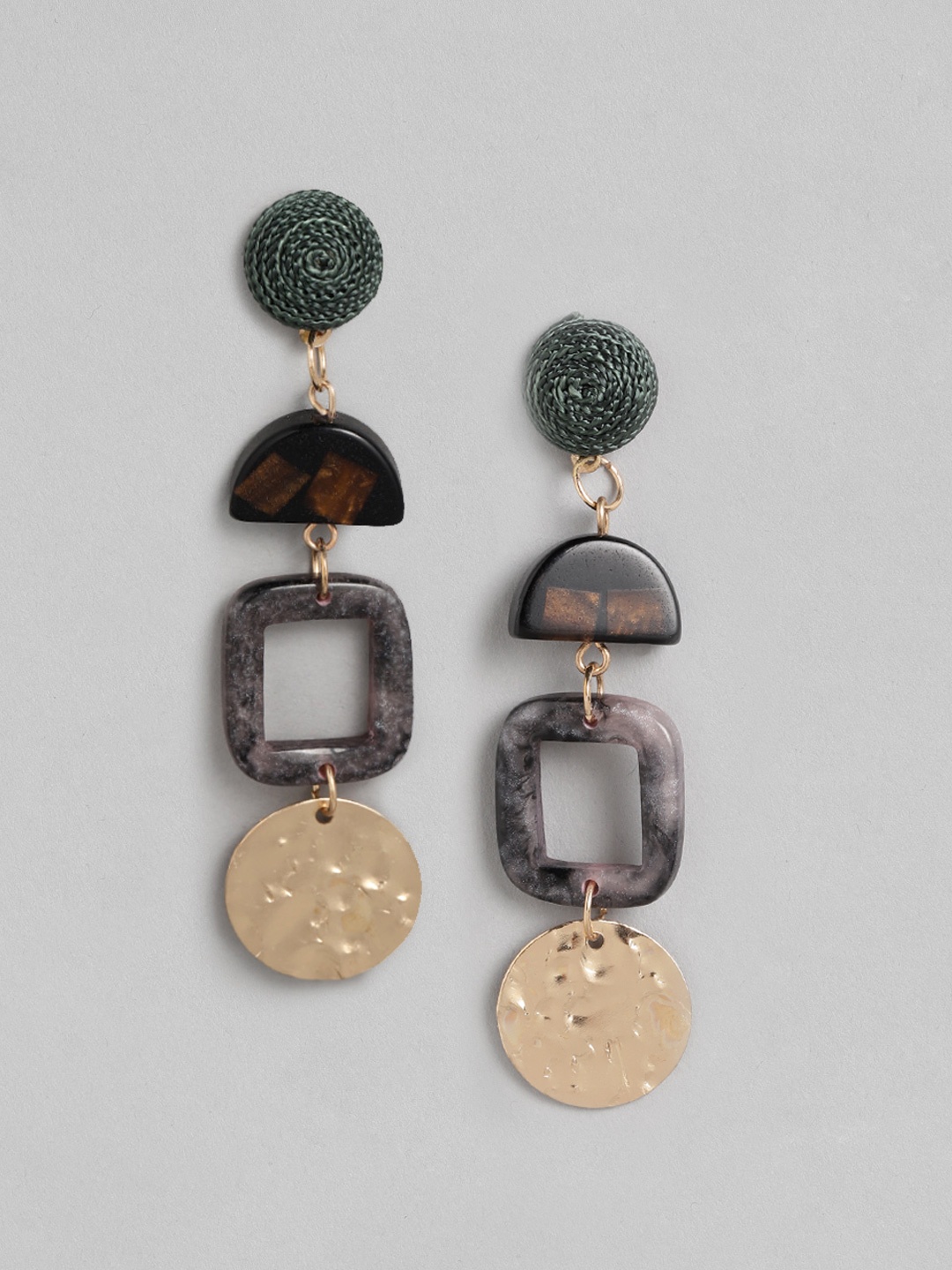 

DressBerry Green & Brown Printed & Hammered Effect Resin Drop Earrings