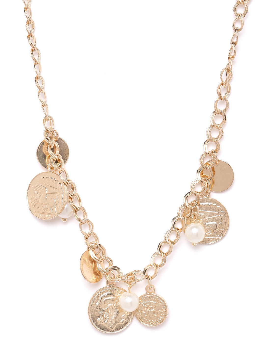 

DressBerry Gold-Toned & White Beaded & Coin Detail Necklace