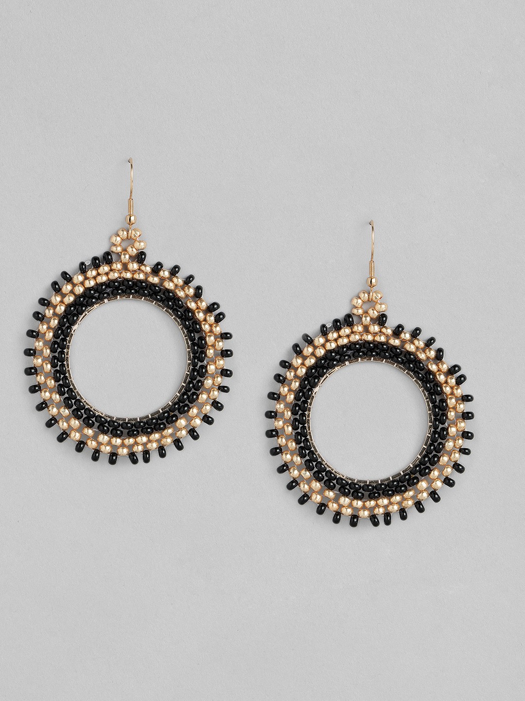 

DressBerry Black and Gold-Toned Circular Beaded Drop Earrings