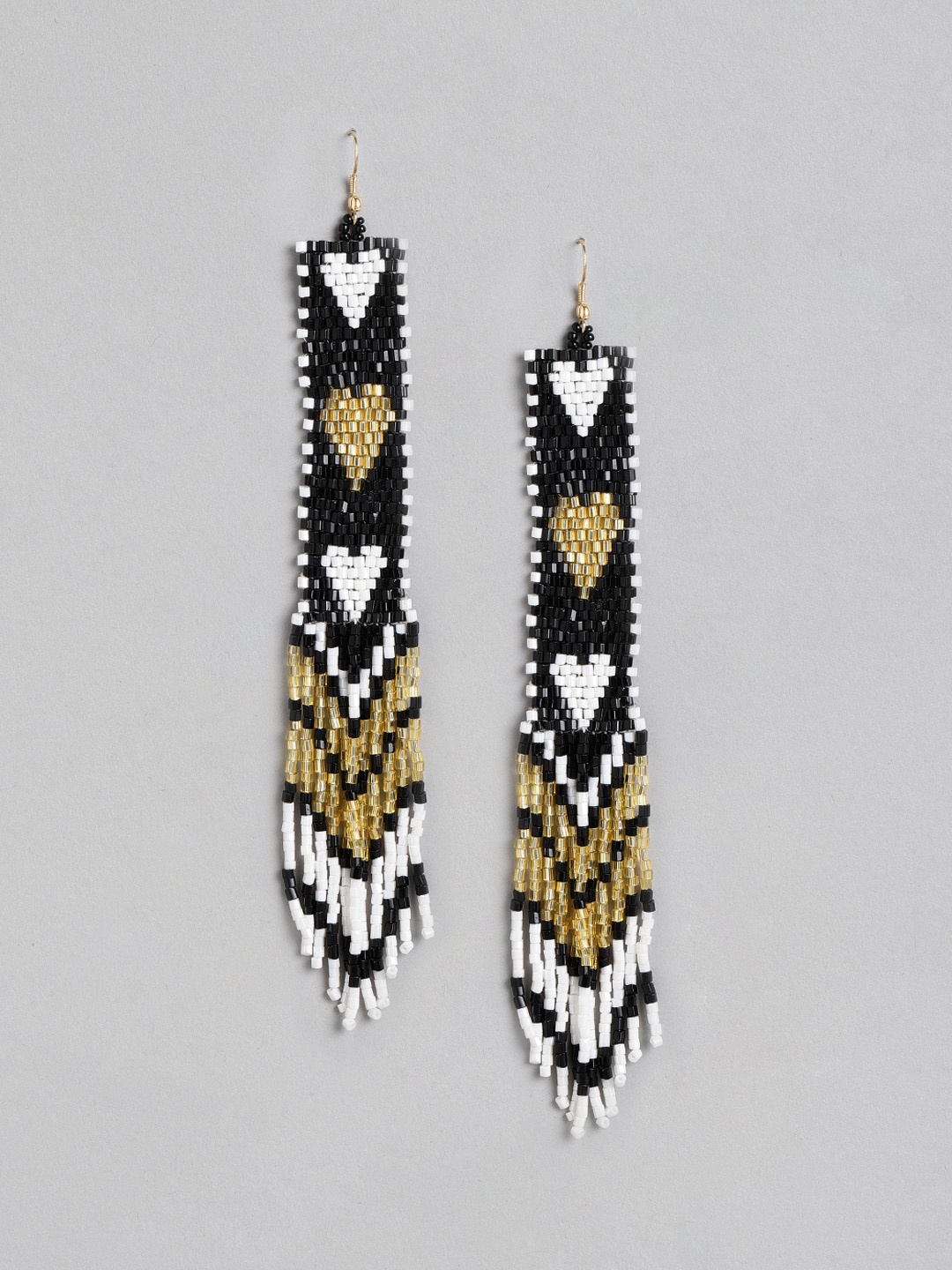 

DressBerry Black & Gold-Toned Beaded Tasselled Contemporary Drop Earrings