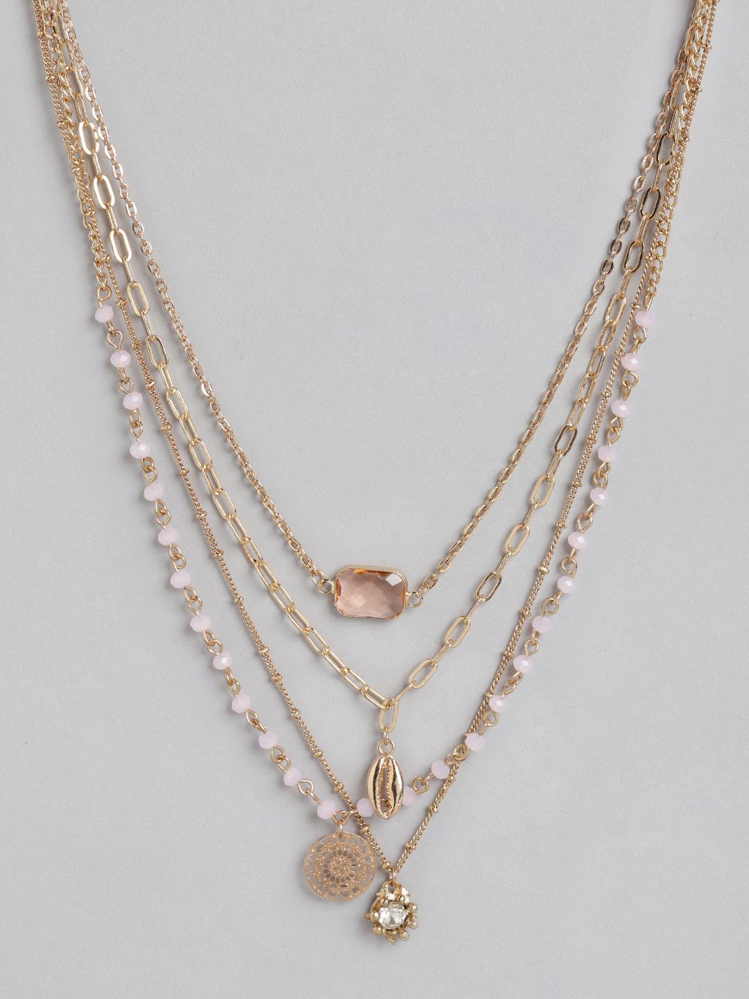 

DressBerry Set of 4 Gold-Toned & Pink Studded & Beaded Necklaces