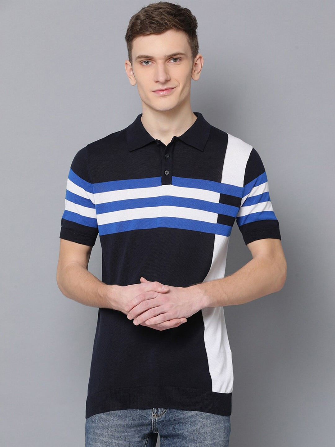 

Antony Morato Men Black & Blue Slim Fit Striped Polo Collar T-shirt