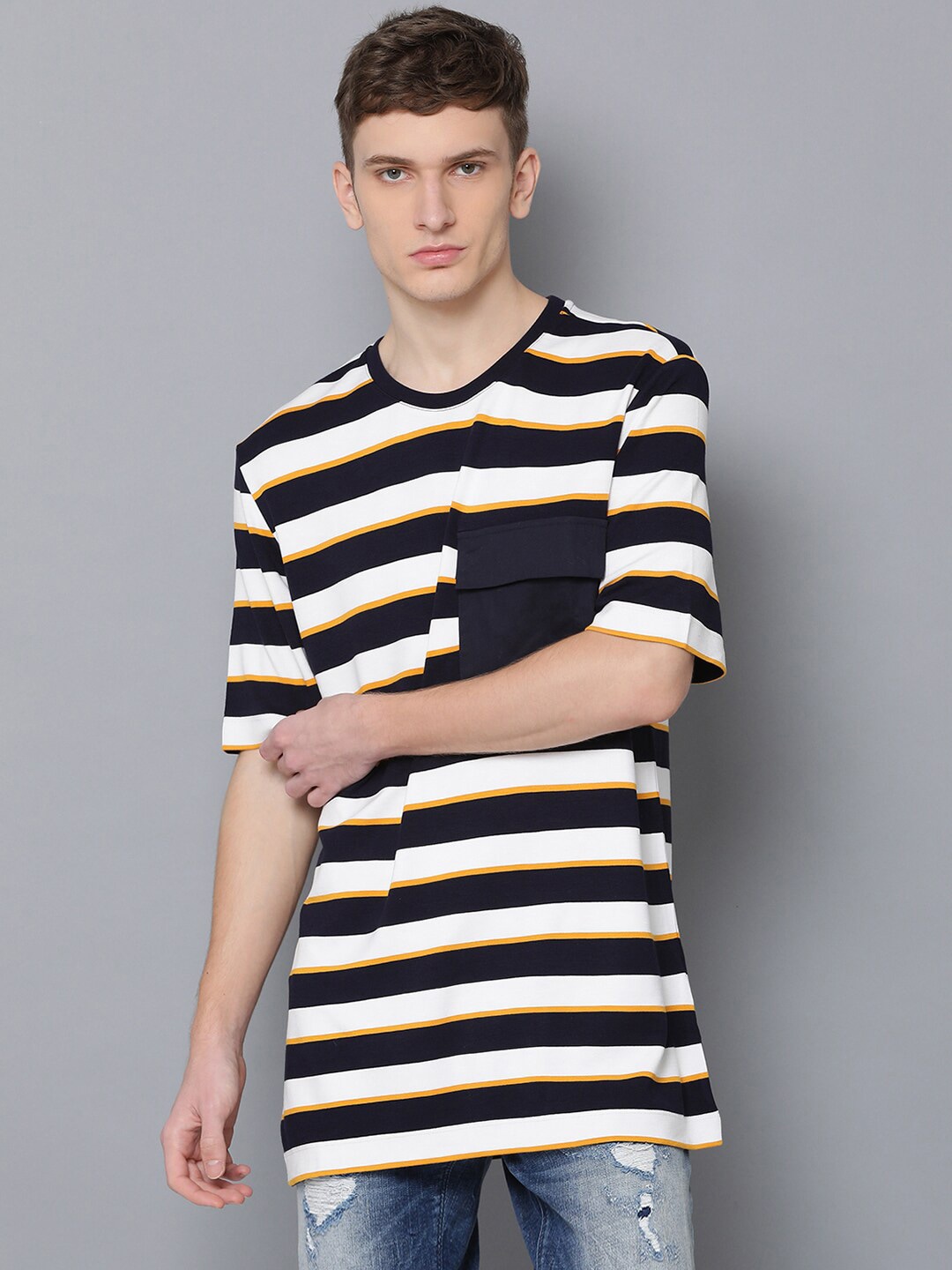 

Antony Morato Men Blue & White Striped Round Neck T-shirt