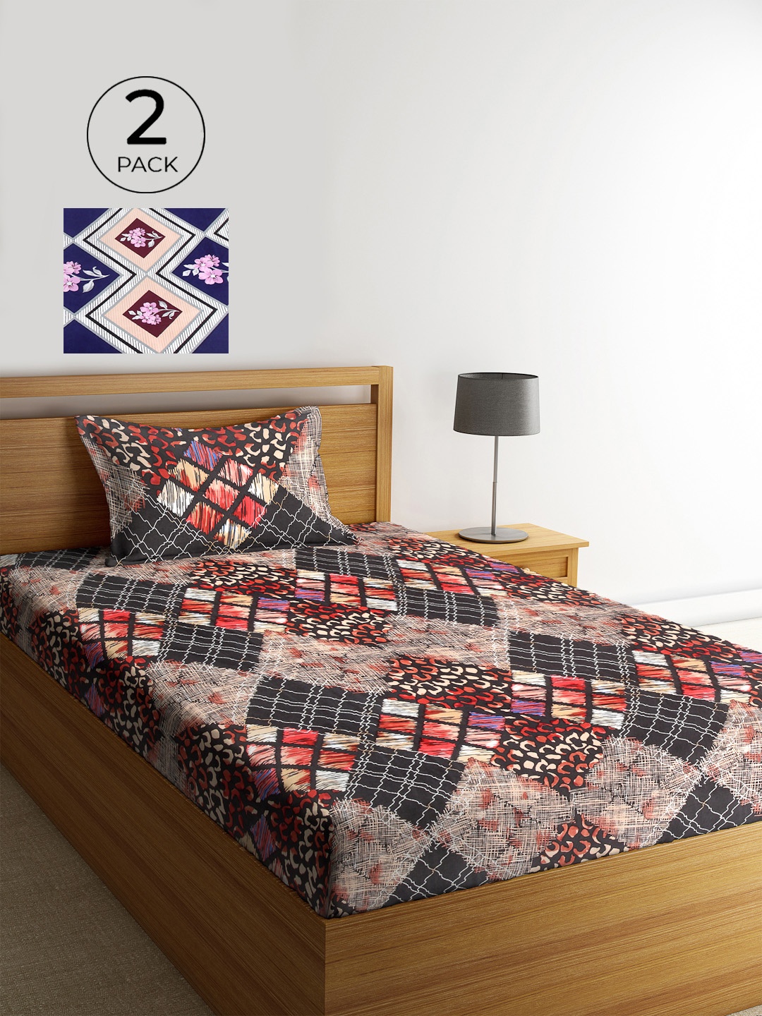 

KLOTTHE Geometric Cotton Blend 2 Single Bedsheet with 2 Pillow Covers, Multi