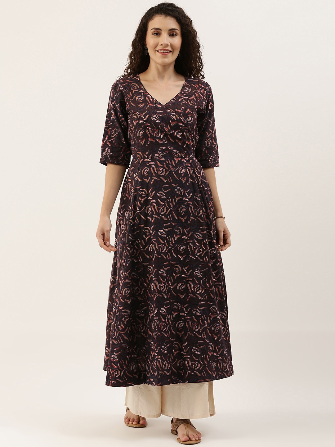 

Saanjh Women Burgundy & Blue Printed Pure Cotton Kurta Set