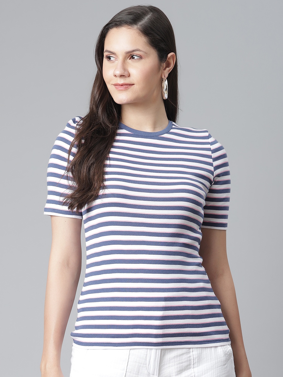 

Marks & Spencer Women White & Blue Cotton Striped T-shirt