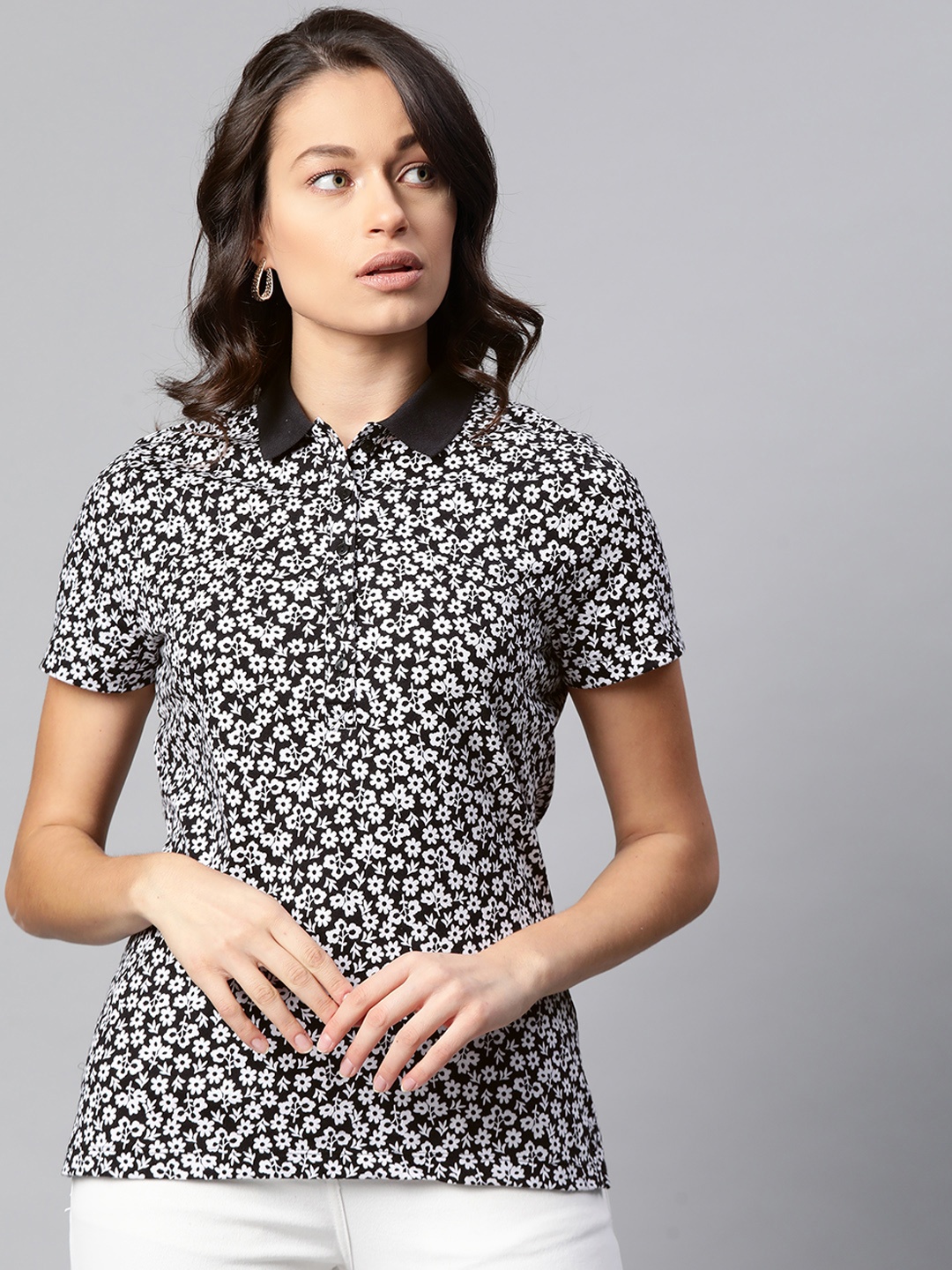 

Marks Spencer Women Black White Floral Printed Polo Collar Slim Fit Pure Cotton T-shirt