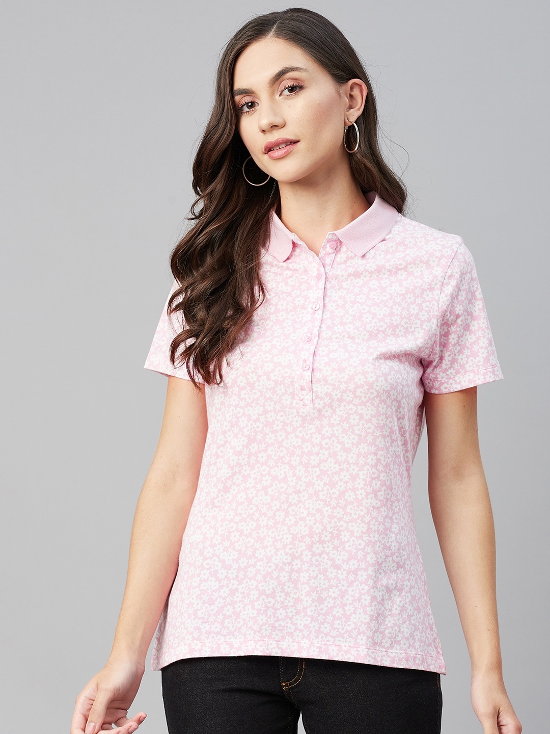 

Marks & Spencer Women Pink & White Floral Printed Polo Collar Pure Cotton T-shirt