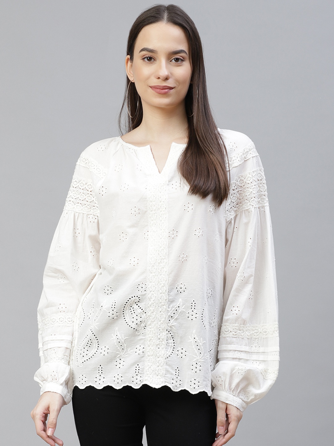 

Marks & Spencer White Embroidered Bishop Sleeves Regular Top