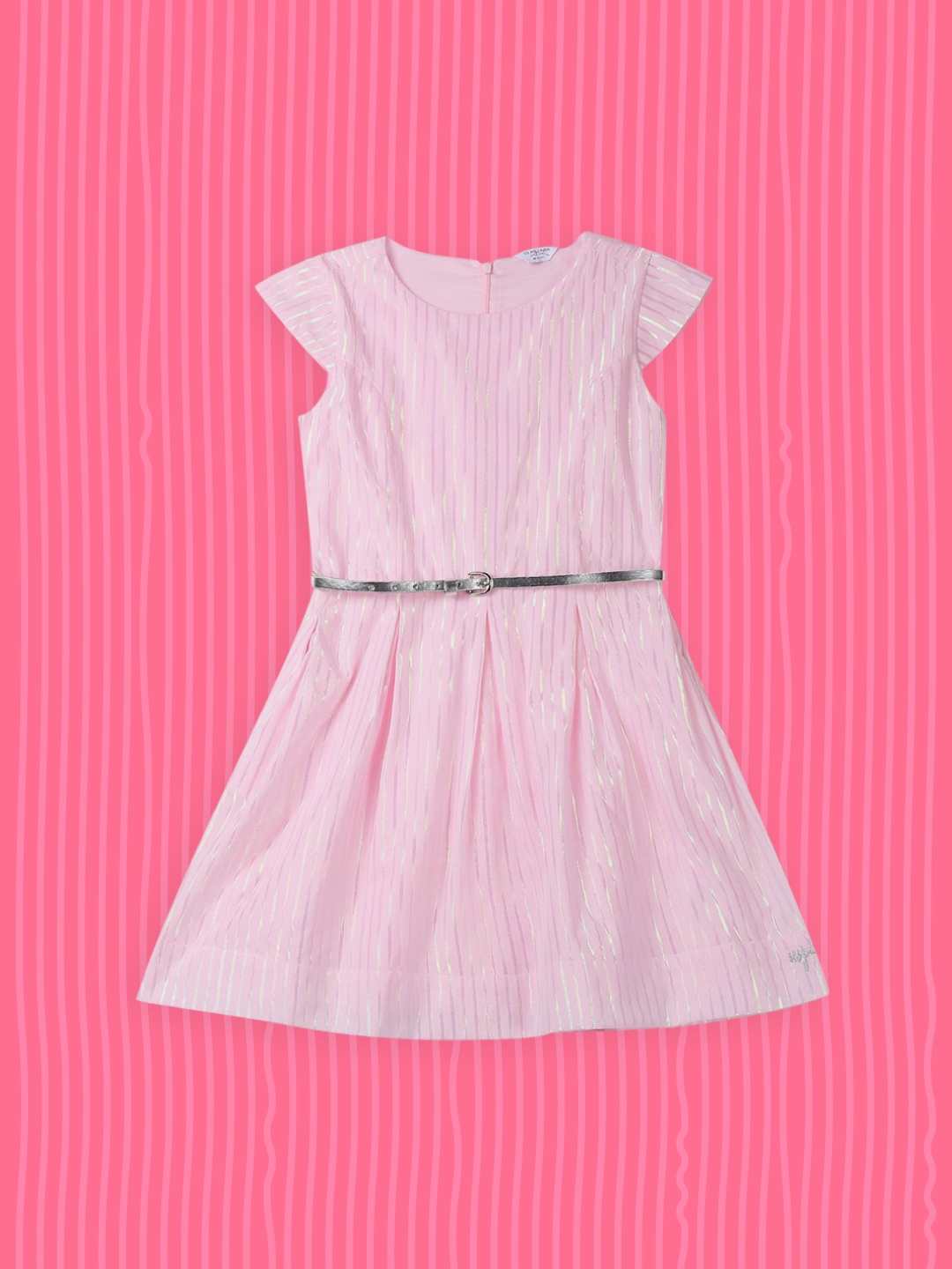 

U.S. Polo Assn. Kids Girls Pink Glitter Striped A-Line Dress with Belt