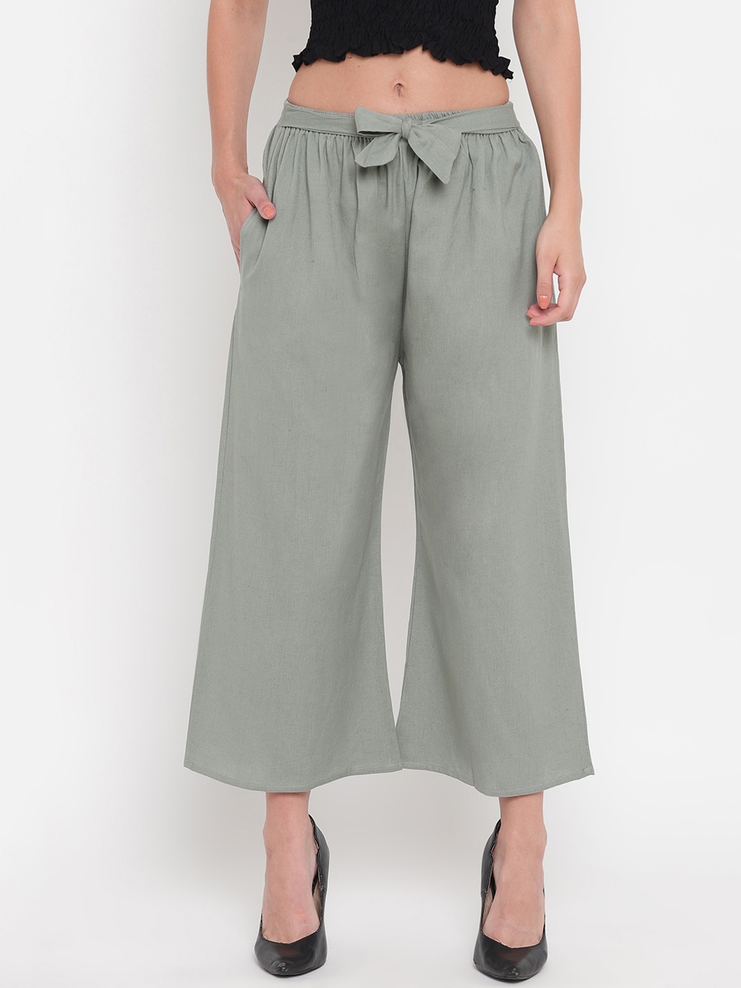 

Aawari Women Green Regular Fit Solid Wide Leg Palazzos