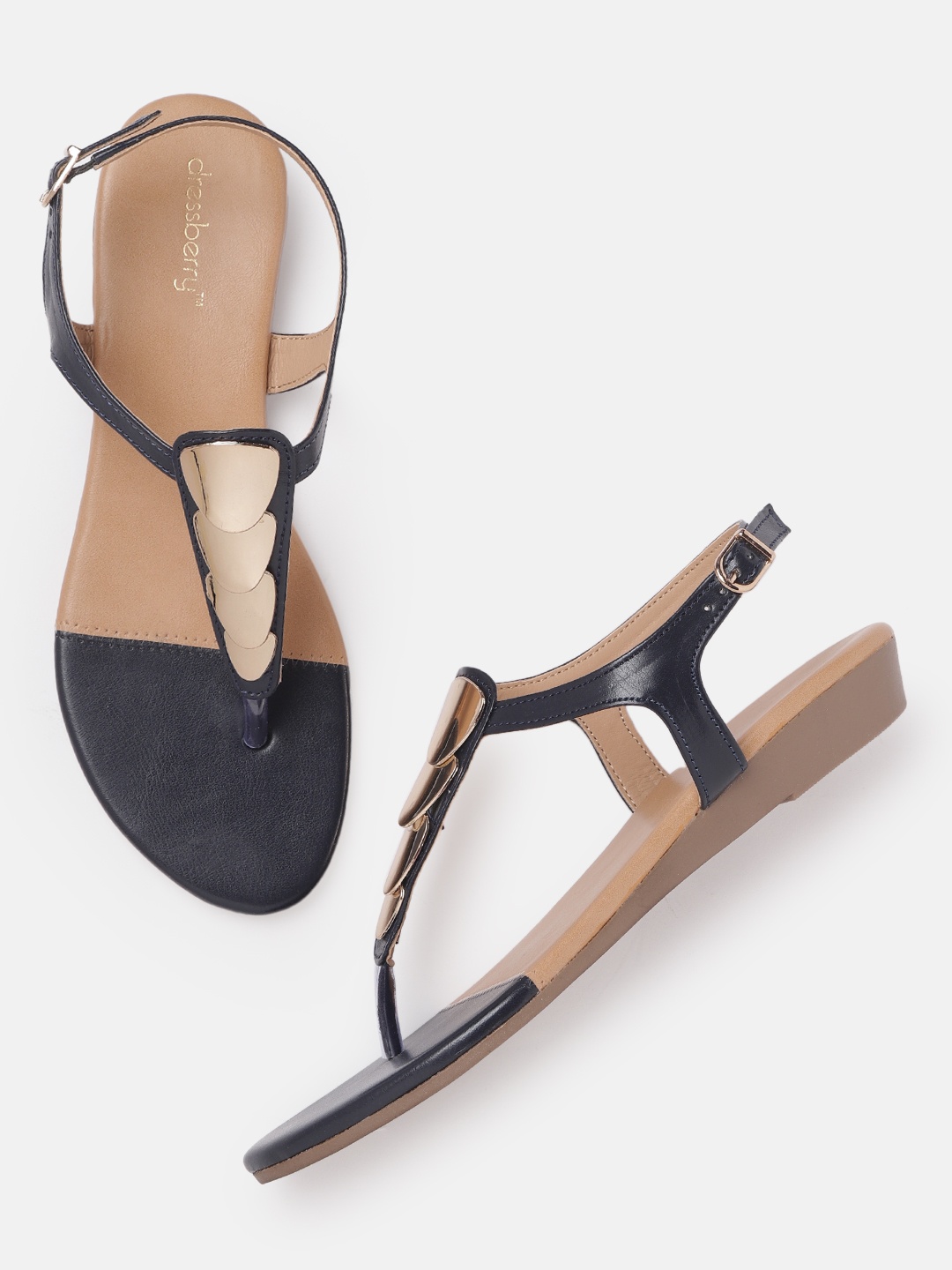 

DressBerry Women Navy Blue & Gold-Toned Embellished T-Strap Flats