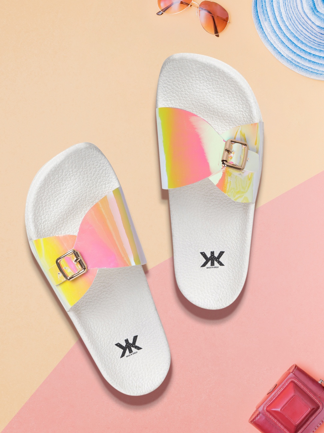 

Kook N Keech Women Yellow & Pink Iridescent Effect Slip-Ons with Buckle Detail