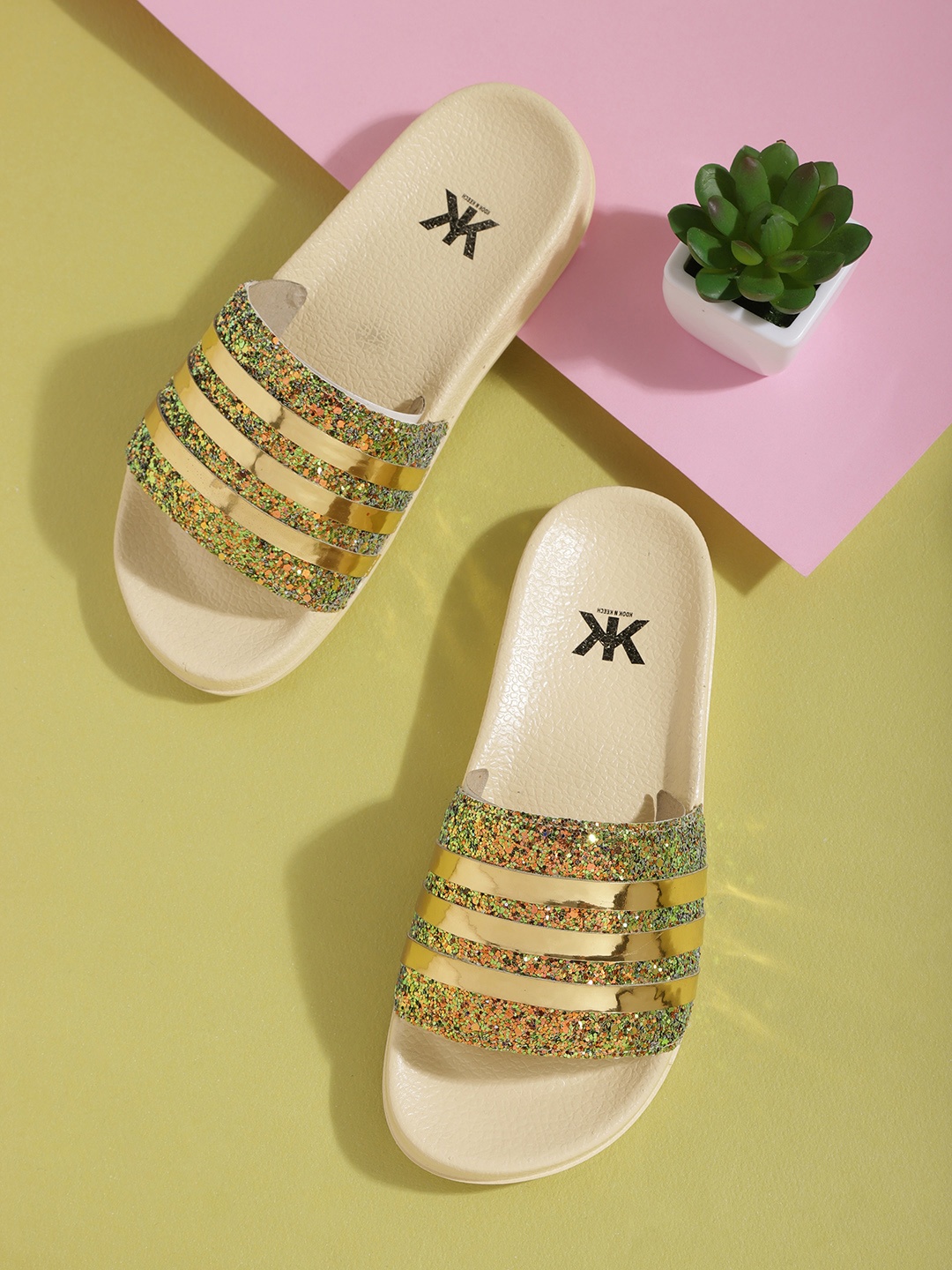 

Kook N Keech Women Green & Gold-Toned Striped Glitter Sliders