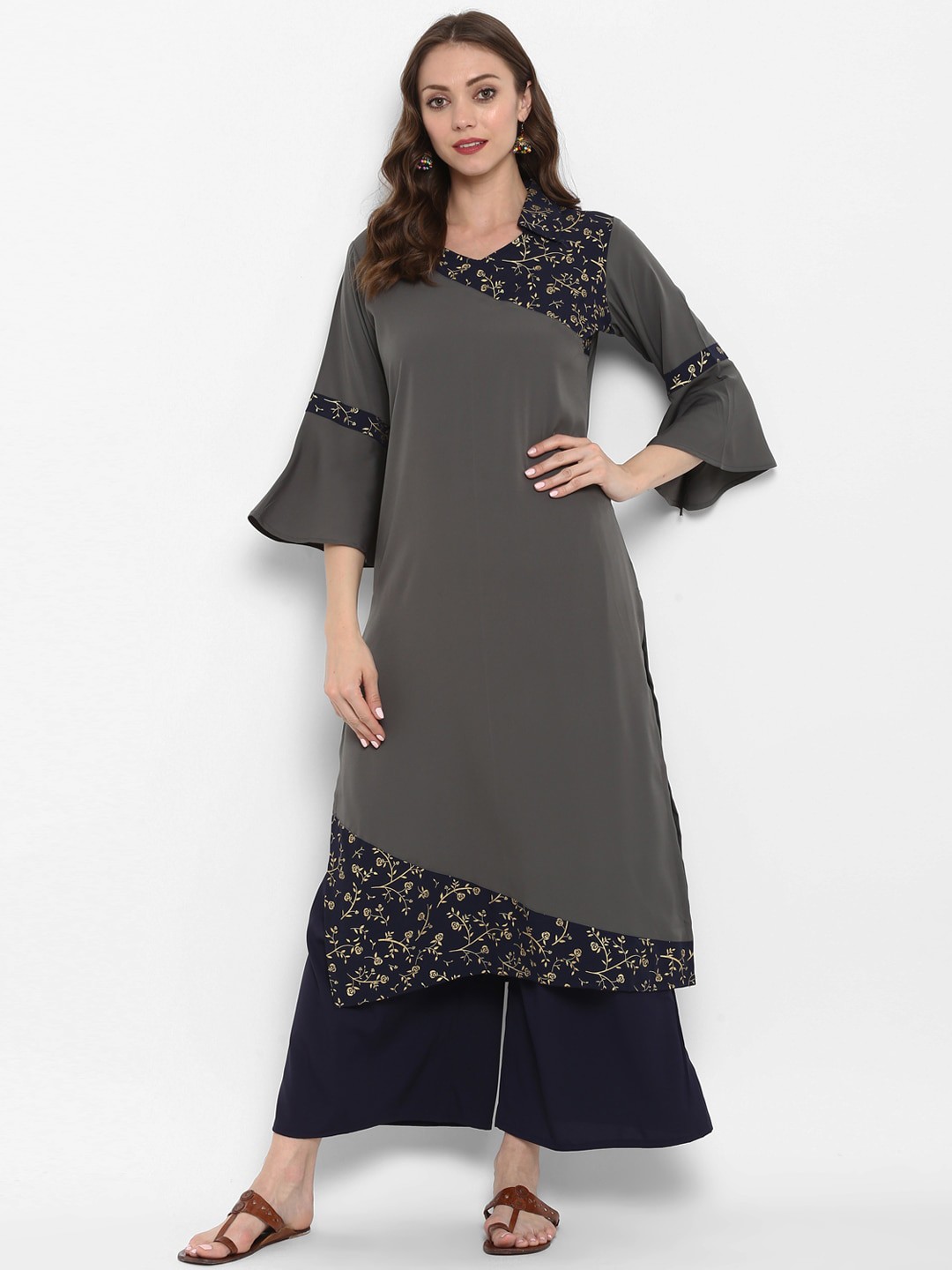 

ZIYAA Women Grey Floral Printed Panelled A-Line Kurti & Palazzos