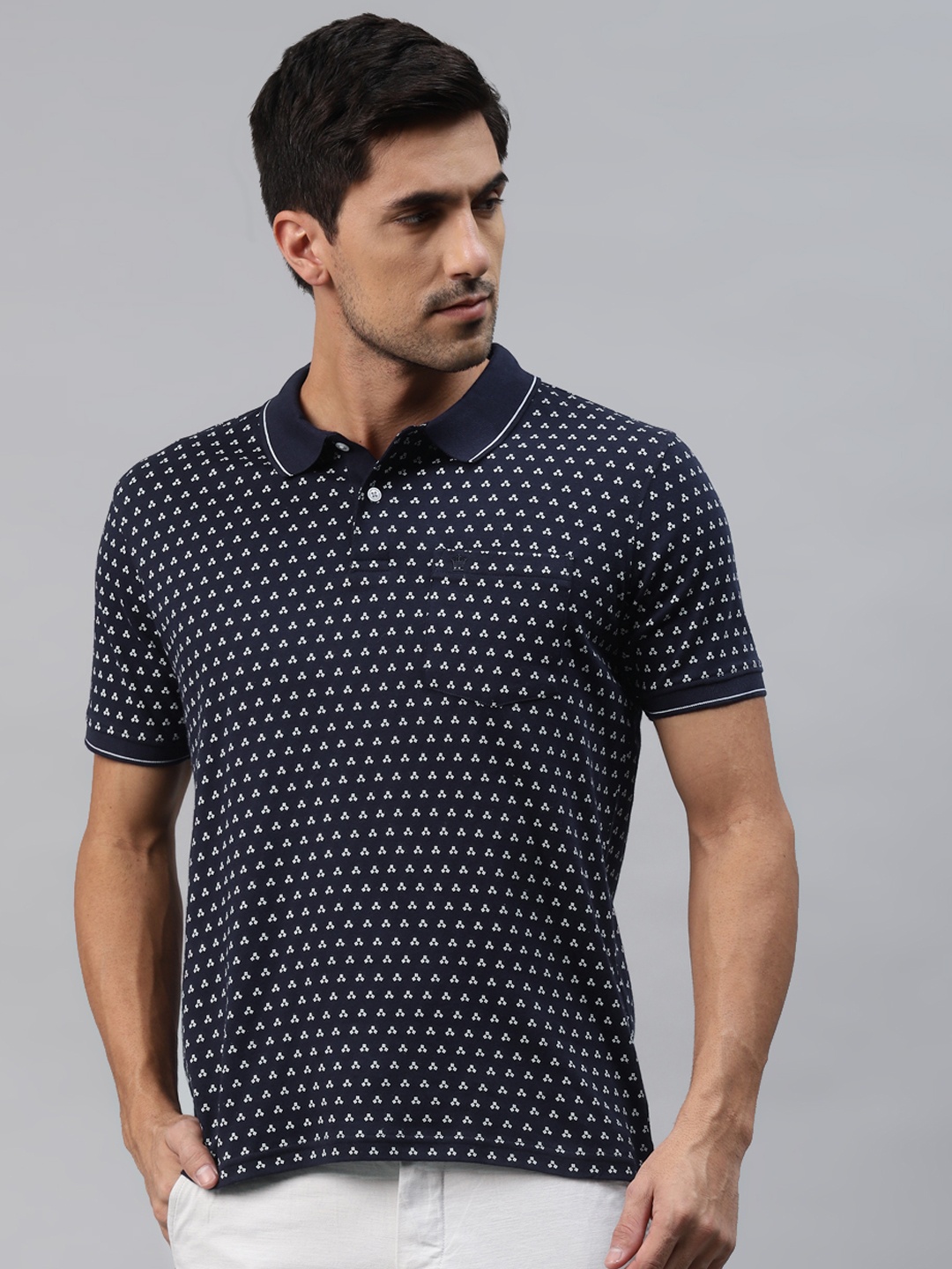 

Louis Philippe Men Navy Blue & White Pure Cotton Printed Polo Collar T-shirt