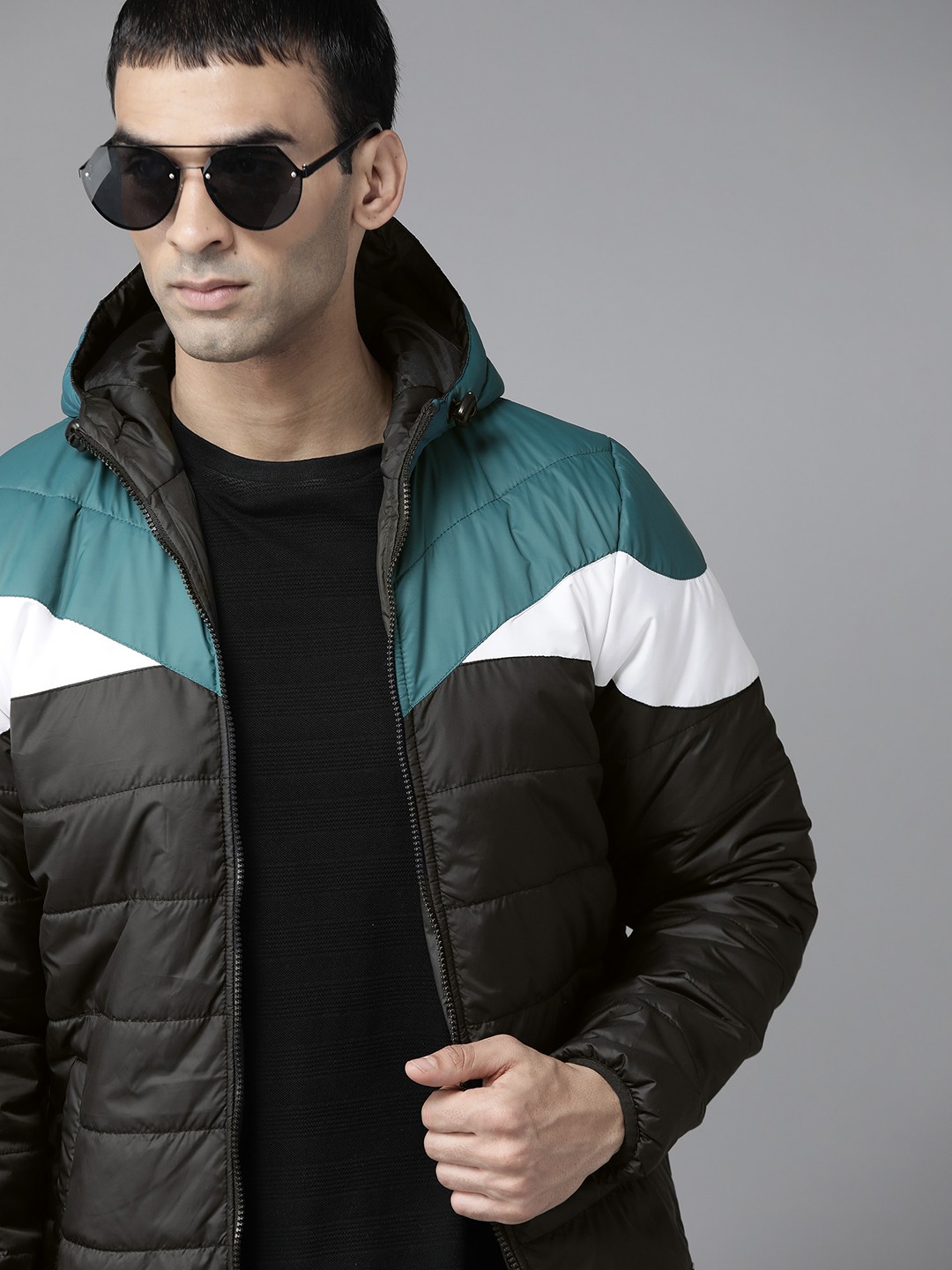 

Roadster Men Black & Green Colourblocked Padded Jacket