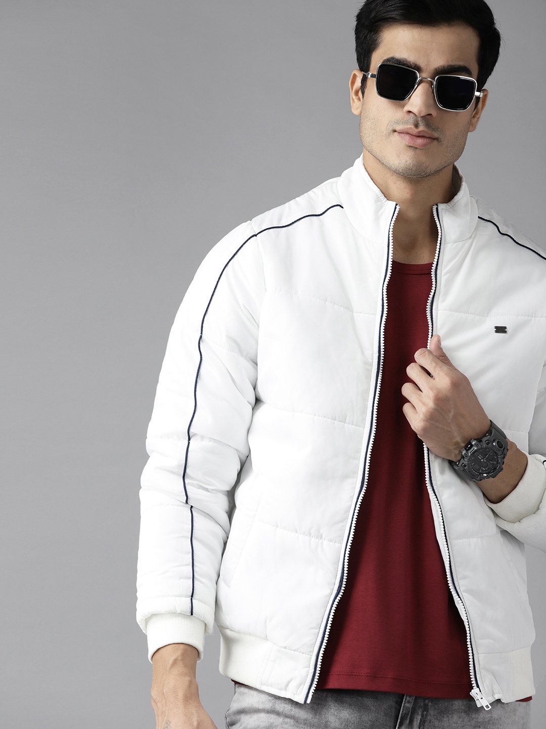 

Roadster Men White Solid Bomber Jacket