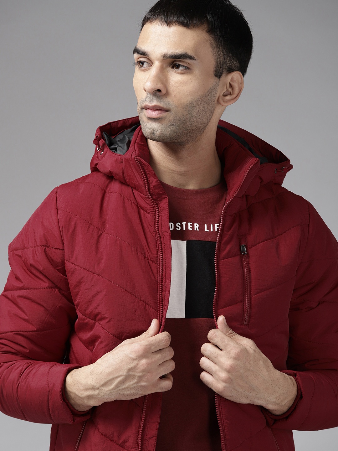 

Roadster Men Maroon Long Sleeved Hood Padded Jacket, Red