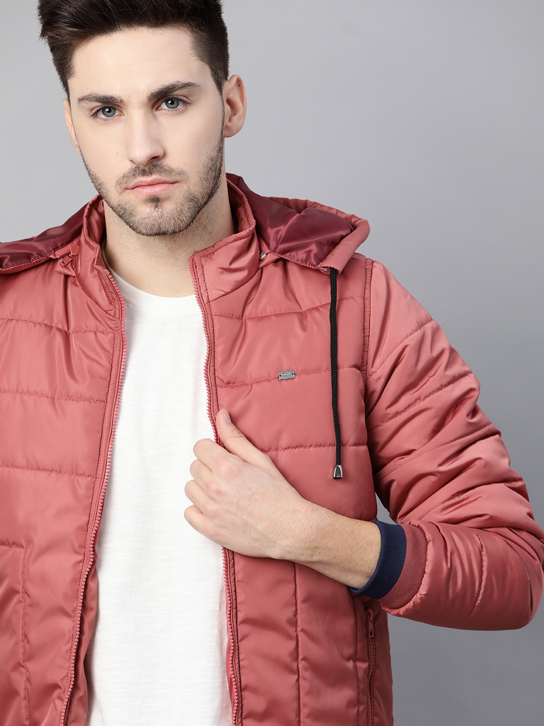 

Roadster Men Coral Red Solid Hooded Padded Jacket